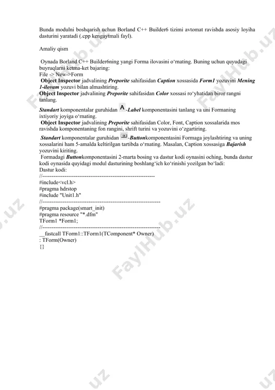 (file -> new -> other-> concole wizardbuyruqlarini bosish bilan ishga tushadi). 2) vizual dasturlash rejimida. konsol rejimida dastur kodi kiritilgandan so‘ng, uni project ko‘rinishida saqlash lozim (.dpr kengaytmali fayl). dastur kompilyatsiya qilinadi, buning uchun [ctrl+f9] klavishalari yoki project compile project buyruqlari ketma-ket tanlanadi. bunda .exe kengaytmali fayl yaratiladi. so‘ngra dastur ishga tushiriladi, buning uchun [f9] yoki runrun buyruqlari ketma-ket tanlanadi. dastur ishga tushganda boshlang‘ich qiymatlar dos oynasida klaviatura yordamida kiritiladi, natija ham dos oynasida chiqariladi. vizual dasturlash rejimida, dastur tuzish avval forma ilovasining tashqi ko‘rinishini yaratishdan boshlanadi, bunda formaga kerakli bo‘lgan komponentalar joylashtiriladi va har bir komponentaning xossa(preporeties) va hodisalari(events) object inspector jadvali yordamida o‘rnatiladi. forma dizayni yaratilgandan so‘ng, unga mos bo‘lgan dasturning kodi – moduli oynasiga o‘tiladi va komponentalar bilan amallar bajarish uchun dastur tuziladi. dastur kodi unit ko‘rinishida .cpp kengaytmali faylga saqlanadi va ishga tushiriladi(kompilyatsiya ba bajarish). bunda modulni boshqarish uchun borland c++ builder6 tizimi avtomat ravishda asosiy …