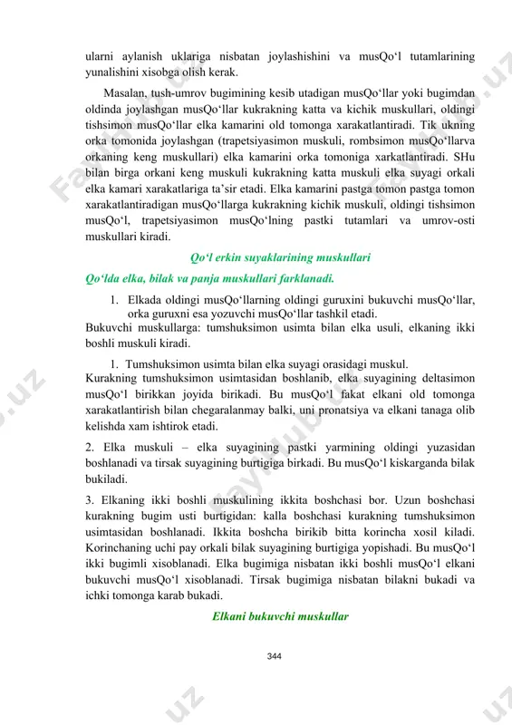 kiradi. qo‘l erkin suyaklarining muskullari qo‘lda elka, bilak va panja muskullari farklanadi. 1. elkada oldingi musqo‘llarning oldingi guruxini bukuvchi musqo‘llar, orka guruxni esa yozuvchi musqo‘llar tashkil etadi. bukuvchi muskullarga: tumshuksimon usimta bilan elka usuli, elkaning ikki boshli muskuli kiradi. 1. tumshuksimon usimta bilan elka suyagi orasidagi muskul. kurakning tumshuksimon usimtasidan boshlanib, elka suyagining deltasimon musqo‘l birikkan joyida birikadi. bu musqo‘l fakat elkani old tomonga xarakatlantirish bilan chegaralanmay balki, uni pronatsiya va elkani tanaga olib kelishda xam ishtirok etadi. 2. elka muskuli – elka suyagining pastki yarmining oldingi yuzasidan boshlanadi va tirsak suyagining burtigiga birkadi. bu musqo‘l kiskarganda bilak bukiladi. 3. elkaning ikki boshli muskulining ikkita boshchasi bor. uzun boshchasi kurakning bugim usti burtigidan: kalla boshchasi kurakning tumshuksimon usimtasidan boshlanadi. ikkita boshcha birikib bitta korincha xosil kiladi. korinchaning uchi pay orkali bilak suyagining burtigiga yopishadi. bu musqo‘l ikki bugimli xisoblanadi. elka bugimiga nisbatan ikki boshli musqo‘l elkani bukuvchi musqo‘l xisoblanadi. tirsak …