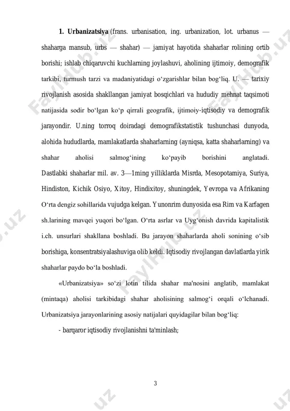 stuvor vazifalarini hal etish va raqamli iqtisodiyotni qo‘llash; - katta, o‘rta va kichik shaharlar rivojlanishini maqbullashtirish; - shahar aglomeratsiyalari orqali ishlab chiqarish kuchlarini joylashtirishning samarali shakllarini tatbiq etish; - shaharlarda sanoat zonalari, texnoparklar, innovatsiya markazlari tashkil etish. 2. atrof-muhit deganda erdagi barcha organizmlarning rivojlanishi va hayotiga ta'sir qiluvchi barcha sharoit va ta'sirlarning yig'indisi tushuniladi. ekologiya - bu tirik organizmlar va ularning jismoniy atrof-muhit o'rtasidagi o'zaro ta'sirni o'rganadigan fan. ikkalasi ham bir-biri bilan chambarchas bog'liq va doimiy o'zaro ta'sirga ega. qisqasi, atrof-muhitdagi har qanday o'zgarish tirik organizmlarga va aksincha ta'sir qilishi mumkin. atrof muhit deganda inson, hayvon yoki o'simlik yashaydigan yoki o'z faoliyatini davom ettiradigan muhit yoki sharoitlar tushuniladi. atrof-muhit 5 tushunchasi fizik va biologik dunyoning barcha elementlarini va ularning o'zaro ta'sirini anglatadi. inson hayoti tsiklida atrof-muhit muhim rol o'ynaydi, chunki inson hayoti atrof-muhitga bog'liq. qisqacha aytganda, atrof-muhit - bu muayyan vaqt va joyda insonni o'rab turgan umumiy sharoitlar. atrof muhit …