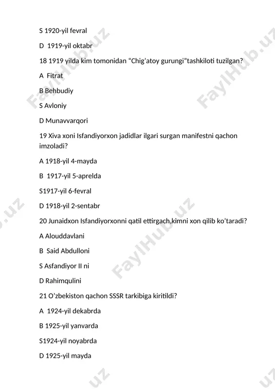 atimizda qachon ilk bor ikki palatali parlamentga saylovlar bo’lib o’tdi? a 2004-yil noyabr-dekabr b 2005-yil mart s 2004-yil dekabr-2005-yil yanvar d 2003-yil dekabr-2004-yil yanvar 55 o’zbekistonda prezidentlik lavozimi qachon ta’sis etilgan? a 1990-yil 18-iyun b 1989-yil 21-oktabr s 1990-yil 24-mart d 1990-yil 20-iyun 56 avvalgi davlat reja qo’mitasi o’rniga hozir qaysi vazirlik faoliyat yuritmoqda? a moliya vazirligi b makroiqtisodiyot vazirligi s iqtisodiyot vazirligi d tashqi ishlar vazirligi 57 o’zbekiston prezidenti huzurida vazirlar maxkamasi qachon tuzildi? a 1990-yil 15-noyabr b 1991-yil 25-avgust s 1991-yil 21-avgust d 1991-yil 20-avgust 58 o’zbekiston respublikasida vitse-prezident lavozimi qachon tugatildi? a 1992-yil 8-dek b 1991-yil 18-noy s 1992-yil 4-yan d 1991 yil 29-dek 59 oliy majlis senatining necha nafar a’zosi prezident tomonidan tayinlanadi? a 6 nafar b 16 nafar s 84 nafar d 24 nafar 60 mamlakatimizda qachondan o’lim jazosi bekor qilindi? a 2008-yil 1-yanvar b 2010-yil 22-yanvar s 2000-yil 14-dekabr d 2005-yil 1-yanvar 61 prezident …