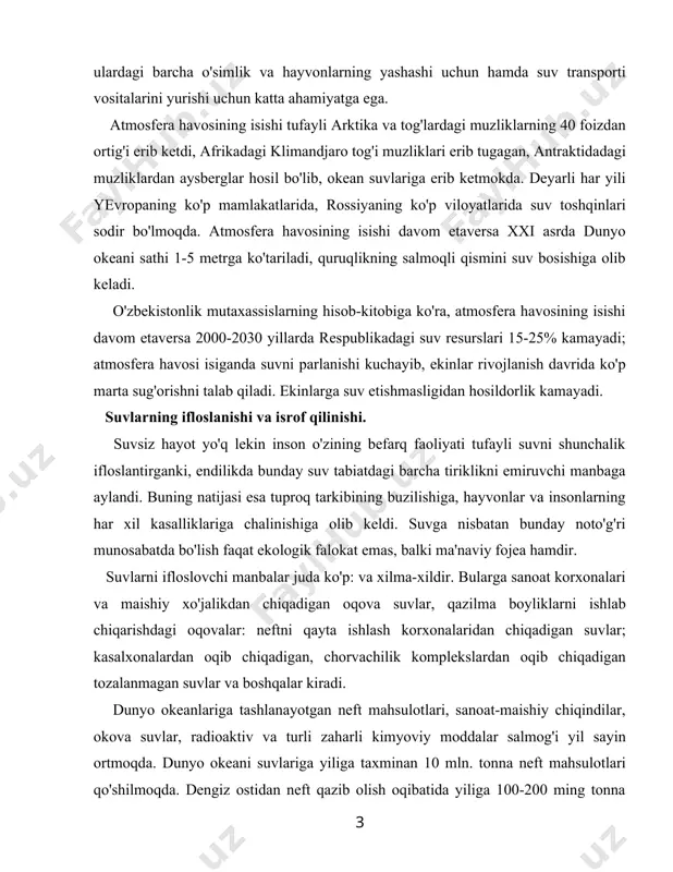 qazilma boyliklarni ishlab chiqarishdagi oqovalar: neftni qayta ishlash korxonalaridan chiqadigan suvlar; kasalxonalardan oqib chiqadigan, chorvachilik komplekslardan oqib chiqadigan tozalanmagan suvlar va boshqalar kiradi. dunyo okeanlariga tashlanayotgan neft mahsulotlari, sanoat-maishiy chiqindilar, okova suvlar, radioaktiv va turli zaharli kimyoviy moddalar salmog'i yil sayin ortmoqda. dunyo okeani suvlariga yiliga taxminan 10 mln. tonna neft mahsulotlari qo'shilmoqda. dengiz ostidan neft qazib olish oqibatida yiliga 100-200 ming tonna neft quduqlaridan chiqib okean suvini ifloslantirmoqda. yaqinda portugaliya qirg'oqlarida avariyaga uchragan gresiya tankeridan 11 ming tonna neft atlantika okeaniga oqib suvni ifloslantirgan. oqibatda portugaliya, ispaniya yaqinidagi okean suvidagi hayvon va o'simliklar dunyosi ancha talofat ko'rdi. okean suvlariga neft to'kilganda suv yuzasini parda qoplab, okean va atmosfera o'rtasida issiqlik, gaz almashinuvi jarayonini buzadi. oqibatda tabiatda suvning aylanma harakati, okean yuzasining radioaktiv hususiyatlari o'zgarib, suvdagi hayvon va o'simliklarning nafas olishi, hayotini qiyinlashtiradi. okean suvlariga yilida bir necha yuz ming tonna pestisidlar daryolar va atmosfera havosi orqali tushadi. dunyo okeaniga …
