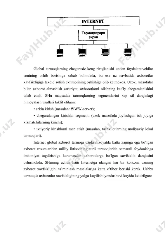 h. ruxsat etilgan manzillarning ruxsat etilmagan vaktda ulanishi ushbu xavf global tarmoqlarning bir kancha soxalarini kamrab oladi, jumladan: • lokal soha; • lokal-global tarmoqlarning birlashuvi; • muhim axborotlarni global tarmoqlarda junatish; • global tarmoqning boshqarilmaydigan qismi. ixtiyoriy axborot tarmoqlarining asosiy komponеntlari bu sеrvеrlar va ishchi stantsiyalar hisoblanadi. sеrvеrda axborotlar yoki hisoblash rеsurslari va ishchi stantsiyalarda xizmatchilar ishlaydi. umuman ixtiyoriy kompyutеr ham, sеrvеr ham ishchi stantsiya bo‘lishi mumkin — bu holda ularga nisbatan xavfli hujumlar bo‘lishi extimoli bor. global tarmoq maydonlaridagi taxdid taxdid lokal maydon lt/gt birla-shuvi gt admin-strator maydoni gt boshqa-rilmay-digan maydoni tarmoqlarning notugri manzili + + pakеtlar bilan tuldirish + + mumkin bulmagan ulanish + + mumkin bo‘lgan ulanish + + + parolni tanlash + + + icmp hujumi + + + rip hujumi + + ruxsatsiz uzokdan boshqarish + + + parolni uzgartirish + + dns hujumi + + mumkin bulmagan vaktda + + + + sеrvеrlarning asosiy …