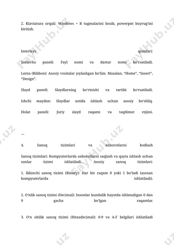 ni birlashtirish uchun “add animation” ni tanlang. --- 7. axborot texnologiyalarining vujudga kelishi va rivojlanish bosqichlari axborot texnologiyalari rivojlanishi bir necha bosqichlardan iborat: 1. mexanik bosqich: antik davrda hisoblash moslamalari paydo bo‘ldi (masalan, abakas). 2. elektromexanik bosqich: xx asrning boshlarida elektromexanik hisoblash qurilmalari ixtiro qilindi. 3. elektron davr: kompyuterlar tranzistorlar asosida yaratilgan (1940-1950-yillar). 4. raqamli davr: 1970-yillardan boshlab shaxsiy kompyuterlar va mikroprotsessorlar paydo bo‘ldi. 5. internet davri: 1990-yillarda internet texnologiyalari keng tarqaldi. 6. sun’iy intellekt va bulutli texnologiyalar: hozirgi kunda ai va masofaviy tizimlar axborot texnologiyalarining yangi bosqichini tashkil etmoqda. --- 8. ms word-da varaqlarni raqamlash va kolontitul qo‘yish varaqlarni raqamlash: 1. “insert” menyusiga o‘ting. 2. “page number” tugmasini bosing. 3. raqamni joylashuvini tanlang (yuqori, pastki yoki chetda). kolontitul qo‘yish: 1. “insert” menyusida “header” (yuqori) yoki “footer” (pastki) bo‘limini tanlang. 2. kolontitulga matn, rasm yoki maxsus belgilar kiriting. 3. o‘zgarishlarni saqlash uchun “close header and footer” ni bosing. --- 9. …