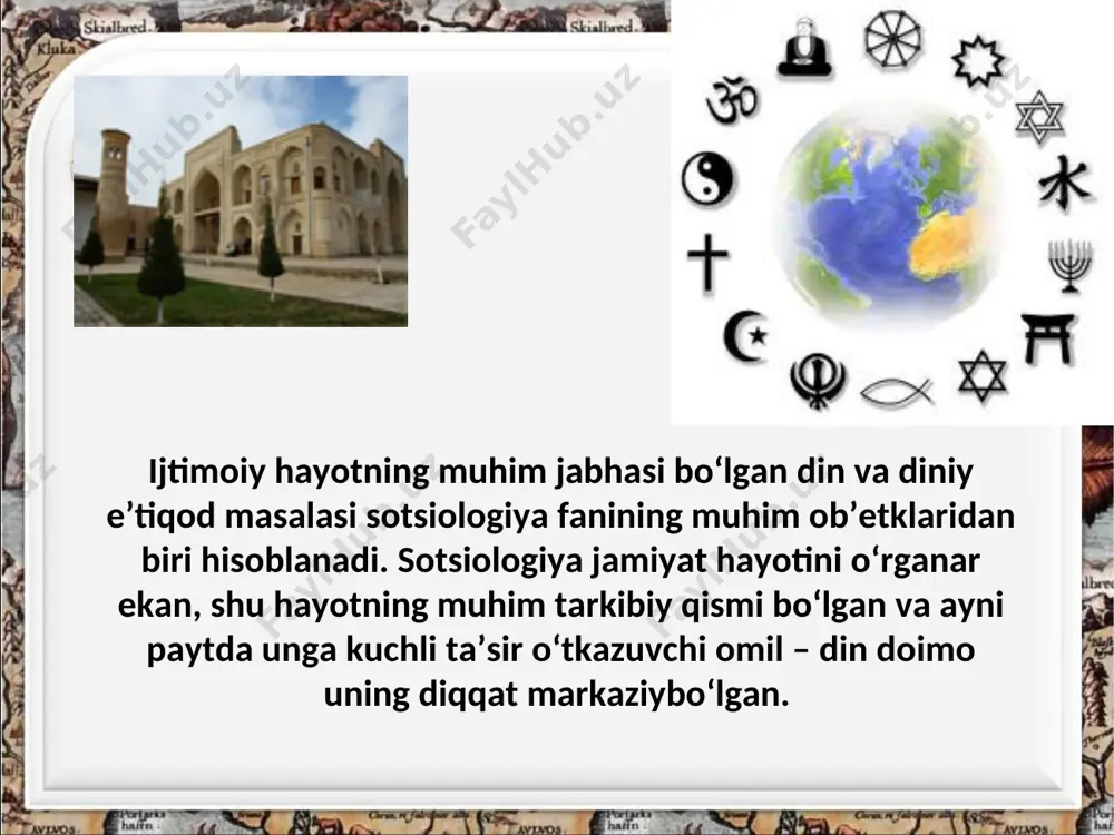 ilishi. masalan, yahudiy va xristian dinida ibodatning asosiy qismi faqat sinagoga va cherkovda bajariladi. islom dinida erkaklar tomonidan o‘qiladigan namoz asosan jome masjidlarida o‘qiladi. din sotsiologiyasining shakillanishi m. veber nomi va ilmiy faoliyati bilan bog‘liq. sotsiologiya fanining asoschilaridan biri hisoblanadi nemis olimi m. veber ijodidan dinni sotsiologik tahlil qilish markaziy o‘rinni egallaydi. barcha dinlarni inkor qilib, ularni xalq uchun af’yun, deb e’lon qilgan marks ta’limotidan farqli o‘laroq, maks veber din va jamiyat munosabatini tahlil qilar ekan umuman din to‘g‘risida emas, muayyan davrdagi muayyan din yoki diniy oqim to‘g‘risida fikr yuritadi. iudaizm sanab o‘tilgan belgilarni uchalasi ham dunyoviy dinlarning barchasida mavjud. bu dinlar quydagilar: iudaizm, xristianlik va islom. iudaizm (yahudiy dini) ular ichida eng qadimiysi bo‘lib, miloddan taxminan ming yillar oldin shakllangan. bu din o‘sha davrda mavjud bo‘lgan boshqa dinlardan farqli o‘laroq, yakka xudoni tan olgan. xristianlik xristianlik dastlavval sekta sifatida iudaizm tarkibida vujudga keldi va kichik osiyo, yunoniston va rimda …