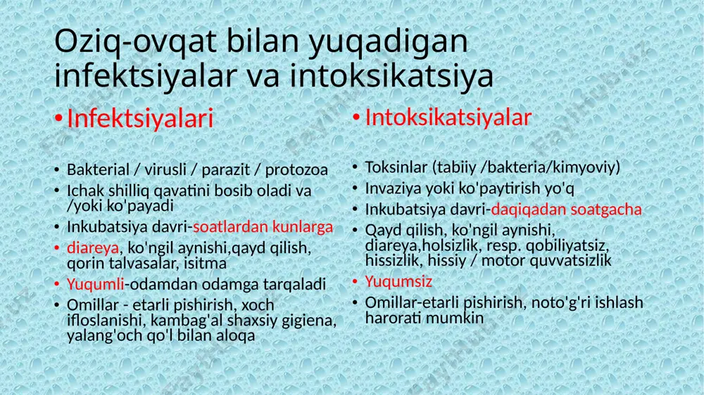 bo'lishi mumkin. profilaktika; -turmush tarzi va ovqatlanish odatlarini o'zgartirish. • -teri ostida va chuqurroq to'qimalarda bakteriyalar topilgan turp va beda kabi salat sabzavotlari. • tashxis: vt.og'ir gastrointestinal distressni ko'rsatish gemorragik kolit qorin bo'shlig'idagi kramp og'rig'i suvli diareya qonli diareya isitma kam yoki yo'q yangi serotip o157:h7, 1983-yil - pishirilmagan gamburgerlar 57-somatik o antijeni/ 7- flagellar h antijeni gemorragik kolit: qorin bo'shlig'idagi kramplar, qonli axlat, ozgina isitma bilan yoki umuman yo'q ich ketishidan keyingi gemolitik ureamik sindrom buyrakning o‘tkir shikastlanishi trombotsitopeniya: qon aylanish tizimidagi trombotsitlar sonining anormal kamayishi. mikroangiopatik gemolitik anemiya: mayda qon tomirlarining torayishi yoki tiqilib qolishi natijasida qizil qon tanachalarining parchalanishi. ehtiyot choralari yaxshi shaxsiy gigiena. – vannaxonadan foydalangandan so‘ng, ovqat tayyorlash yoki eyishdan oldin, hayvonlar yoki ularning muhiti bilan aloqa qilgandan keyin qo‘lingizni yaxshilab yuving. – qiyma go'sht va go'sht kamida 160 ° f/70 ° c haroratgacha pishirilishi kerak. – meva va sabzavotlarni pishirish yoki xom holda iste’mol …