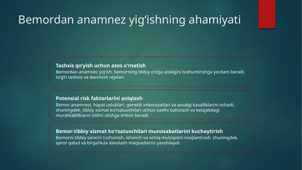 olatlarni so‘rang, oilada mavjud bo‘lgan engil genetik kasalliklar haqida ham so‘rang. 3 ma'lumotlarni yig‘ish va yozish oila a'zolarni sog‘lik ma'lumotlarini almashishga harakat qiling, tafsilotlarni to‘g‘ri yozing va oilaviy tibbiy tarixni tuzilgan holda yangilab turish uchun doimiy ravishda yangilang. kasallar bilan ishonch yaratish samimiy kommunikatsiya to‘g‘ri va empatik kommunikatsiya, jarrohlik jarayonlarini tushuntirish va savollarga tez javob berish kabi, kasalning ishonchini oshiradi. hurmat va empatiya hurmatli muomala va kasallarning muammolari va hislariga empatiya ko‘rsatish, ishonchning kuchli asosini yaratishga yordam beradi. istiqomat va ishonchli faoliyat sifatli xizmat ko‘rsatishda istiqomat qilish va va‘dalar ustiga amal qilish, kasallarning sog‘liqni ta’min etuvchiga ishonchini oshiradi. ochiqlik va ishonchlilik davolash tanlovlari, risklar va natijalar haqida ochiq bo‘lish, hamda barcha munosabatlarda ishonchlik, kasallar bilan ishonch yaratish uchun zarurdir. bemordan anamnez yig‘ish, kasallik haqida so‘rab-surishtirish qadimgi davolash usullari tarixiy tibbiy amallar tibbiy innovatsiyalar xuddi bugungi tibbiyotdan oldin erkaklar o‘simliklar, akupunktura va qonni olishni tibbiy davolash sifatida ishlatganlar. piyola terapiyasi, trepanatsiya …