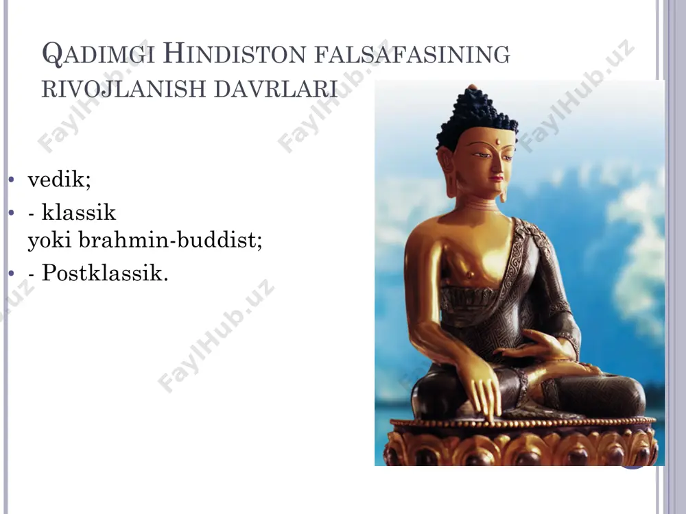 ( prakriti ) qarama-qarshiligiga asoslangan dualistik ta'limot . purushani ong bilan, prakriti esa tana bilan aniqlash mumkin. asoschisi - kapila. yoga maktabi samxya maktabida shakllangan g'oyalar asosida inson xatti-harakatlarining amaliy tamoyillarini ishlab chiqishga intildi. insonning najoti purushaning prakritidan butunlay mustaqil ekanligini anglashdan iborat. asoschisi patanjali. mimansa bu maktab vakillari ruh ham, tana ham haqiqiy ekanligiga ishonishadi. mimamsa maktabining tarafdorlari bilimning maxsus nazariyasini ishlab chiqdilar. ularning fikricha, har qanday bilim shunday manbalarga asoslanadi: idrok etish, xulosa chiqarish, taqqoslash, og'zaki tasvirlash va sezmaslik. tushunmaslik bilan maktab tarafdorlari kutilgan narsaning yo'qligini tushunishadi. asoschisi - jaimini. vedanta vedanta kosmologiyasi vedalar (atman, brahman...) g'oyalariga mos keladi. qiziqarli tarkibiy qism - bu individual ruhning tahlili, "men", xususan, inson psixikasining 4 holati haqidagi ta'limotda real va illyuziya olam o'rtasidagi munosabatlar. asoschisi - badarayana. noodatiy maktablar lokoyata; jaynizm; buddizm. lokayata yuqorida tavsiflangan olti darshandan farqli o'laroq, karvaka lokayata vedalarni rad etadi, o'limdan keyingi hayotga ishonmaydi, xudoning mavjudligini har …
