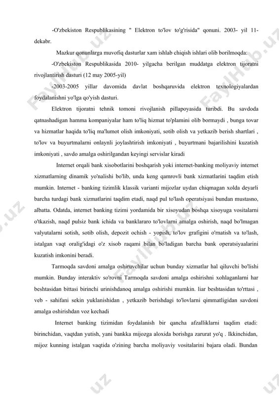 di internet orqali bank xisobotlarini boshqarish yoki internet-banking moliyaviy internet xizmatlarning dinamik yo'nalishi bo'lib, unda keng qamrovli bank xizmatlarini taqdim etish mumkin. internet - banking tizimlik klassik varianti mijozlar uydan chiqmagan xolda deyarli barcha turdagi bank xizmatlarini taqdim etadi, naqd pul to'lash operatsiyasi bundan mustasno, albatta. odatda, internet banking tizimi yordamida bir xisoyudan boshqa xisoyuga vositalarni o'tkazish, naqd pulsiz bank ichida va banklararo to'lovlarni amalga oshirish, naqd bo'lmagan valyutalarni sotish, sotib olish, depozit ochish - yopish, to'lov grafigini o'rnatish va to'lash, istalgan vaqt oralig'idagi o'z xisob raqami bilan bo'ladigan barcha bank operatsiyaalarini kuzatish imkonini beradi. tarmoqda savdoni amalga oshiruvchilar uchun bunday xizmatlar hal qiluvchi bo'lishi mumkin. bunday interaktiv so'rovni tarmoqda savdoni amalga oshirishni xohlaganlarni har beshtasidan bittasi birinchi urinishdanoq amalga oshirishi mumkin. liar beshtasidan to'rttasi , veb - sahifani sekin yuklanishidan , yetkazib berishdagi to'lovlarni qimmatligidan savdoni amalga oshirishdan voz kechadi internet banking tizimidan foydalanish bir qancha afzalliklarni taqdim etadi: …