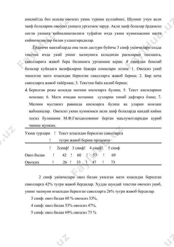 баён килади, бошкалари эса тулдиради. 3. доскада укитувчи томонидан ёзилган саволларни синф овоз чикариб укийди, сунгра матн овозсиз укиб, юкоридаги саволларга жавоб берадилар. 4. ичда укилган матн юзасидан берилган саволларга жавоб кайтариш. 5. матн кисмларига ёки матнга оид расм солиш усули. 6. диафильм куриш вактида кадрлар тагидаги ёзувларини (титрларни ) ичда укиб, унинг мазмунини батафсил баён килиш. илмий оммабоп маколаларни укиш методикаси. узлаштиришга кизикиш ва кобилиятни устиришда, укóвчиларда борлик хакида конкрет материаллар асосида тугри тушунча ва тасаввур килишда, уларни аник предмает ва фактлар, айрим ва ходисалар билан таништириш максадида, табиат ва жамиятни узгартирувчи кучлар хакида илмий асосланган тушунча беришда илмий оммабоп маколаларнинг ахамияти катта. ватан, унинг табиати, ундаги вокеа ходисалар, ижтимоий хаё, фан ва техника тараккёти хакидаги маколаларни укиш жараёнида укóвчи- ларнинг мантикий тафаккури, таккослаш умумлаштириш, хулоса чикариш кобилиятлари усади, суз бойлиги ошади. илмий оммабоп маколаларни укитишдан максад: укóв- чиларни табиатда буладиган узгаришлар, вокеа -ходисалар, кишилар мехнати хакидаги илмий асосланган …