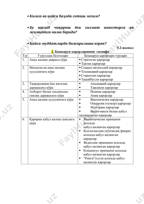 · “ринги”усули асосида қабул қилинган қарорлар 2-чизма. қарор қабул қилиш жараёни ва босқичлари 1 vaziyatni tahlil qilish 2 muammoni aniqlash 3 mezonlarni tanlash 4 muqobil variantlarni tahlil qilish 8 qarorlarning bajarilishini nazorat qilish va baho berish 7 qaror ijrosini uyushtirish 6 qaror to’g’risida kelishib olish 5 muqobil variantni tanlash умуман қарорни ишлаб чиқиш қуйидаги саволларга жавоб топиш лозим бўлади: · нима қилиш керак (объект миқдори ва сифати)? · қандай харажат (ресурслар) эвазига? · қандай тарзда (технологияда) бажариш керак? · ким учун бажариш керак? · қандай муддатда бажариш лозим? · ким томонидан бажарилиши керак? · қайси жойда бажариш лозим? · қандай (иқтисодий, социал, техникавий, экологик) самара беради? қарор қабул қилишни моделлаштириш қуйидаги босқичларни ўз ичига олади: қарор моделини ишлаб чиқиш модел мақбуллигини баҳолаш алгоритм тузиш дастур тузиш 5.5. савол 5. қарор қабул қилиш жараёнини қуйидаги бир қанча босқичлар (халқаро тажриба)асосида амалга ошириш мумкин: 1. муаммо ҳолатини ўрганиш ва аниқлаш; 2. муқобил …