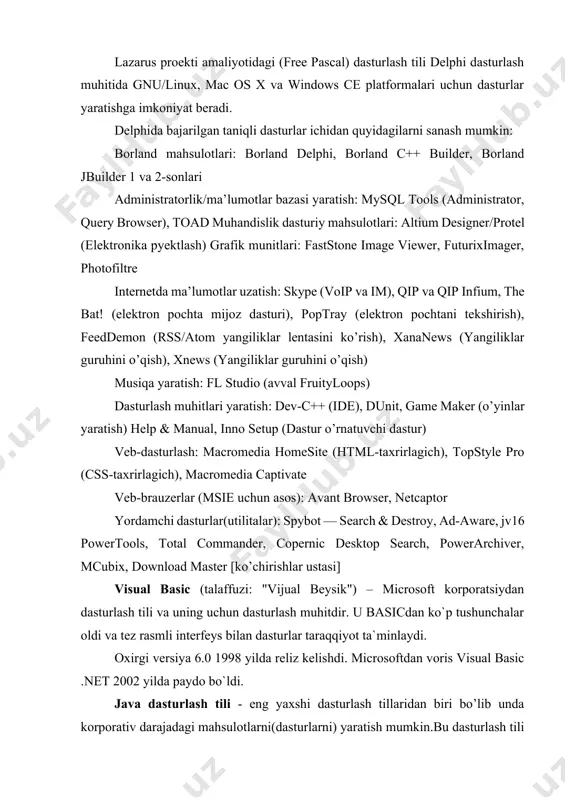 ni rejalashtirdilar, lekin ba’zi sabablarga ko’ra bu fikridan voz kechishdi.oak muvofaqiyatsiz chiqdi va 1995-yilda sun uning nomini java ga almashtirdi, va uni www rivojlanishiga hizmat qilishi uchun ma’lum o’zgarishlar qilishdi. java obyektga yo’naltirilgan dasturlash(oop-object oriented programming) tili va u c++ ga ancha o’xshash.eng ko’p yo’l qo’yildigan xatolarga sabab bo’luvchi qismalari olib tashlanib, java dasturlash tili ancha soddalashtirildi. java kod yozilgan fayllar(*.java bilan nihoyalanuvchi) kompilatsiyadan keyin bayt kod(bytecode) ga o’tadi va bu bayt kod interpretator tomonidan o’qib yurgizdiriladi. o’yinlar yaratish usullari; c++ (talaffuzi: si plyus plyus) — turli maqsadlar uchun moʻljallangan dasturlash tili. 1979-yili bell labsda biyarne stroustrup tomonidan c dasturlash tilining imkoniyatlarini kengaytirish va oop(object oriented programming) xususiyatini kiritish maqsadida ishlab chiqarilgan. boshida „c with classes“ deb atalgan, 1983-yili hozirgi nom bilan yaʼni c++ deb oʻzgartirilgan. c++ c da yozilgan dasturlarni kompilyatsiya qila oladi, ammo c kompilyatori bu xususiyatga ega emas. c++ tili operatsiyon tizimlarga aloqador qisimlarni, klient-server dasturlarni, ehm …