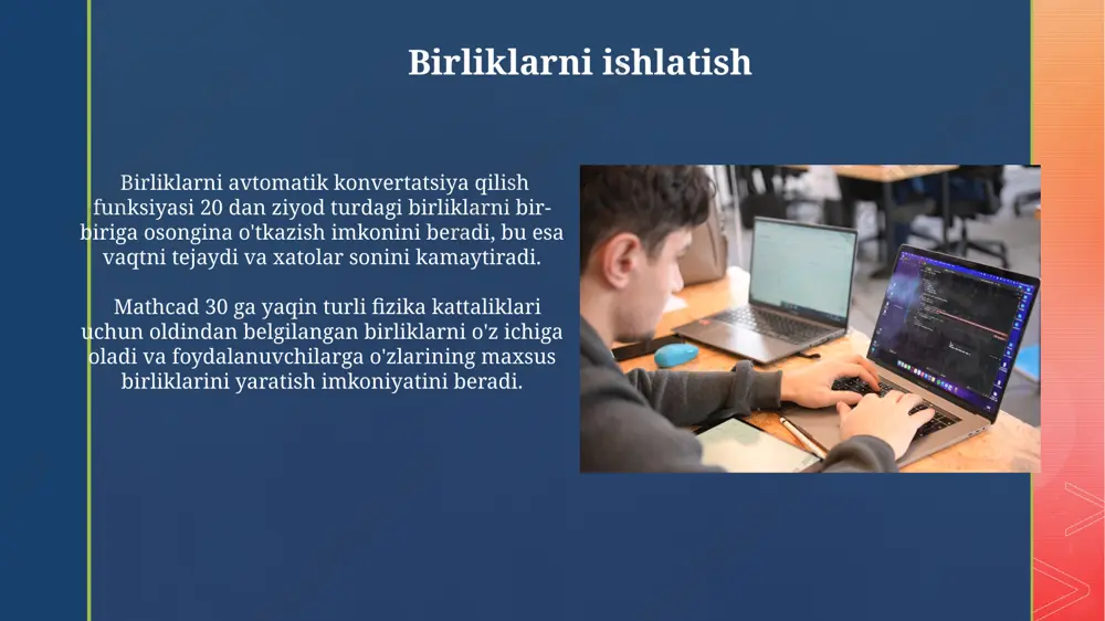 lgoritmlar mathcad, vektor va matritsa operatsiyalari uchun 50 dan ortiq funksiyalarni taqdim etadi, bu esa murakkab matematik hisob-kitoblarni soddalashtirishga yordam beradi va natijalarni vizualizatsiya qilish imkonini beradi. mathcad’da 1000 ga yaqin funksiyalar kutubxonasi mavjud bo'lib, ular matematik, statistik va muhandislik hisob-kitoblarini amalga oshirishda qo'llaniladi, shu jumladan, differensial tenglamalarni yechish uchun 20 dan ortiq algoritm mavjud. e'tiboringiz uchun rahmat @taqdimot_robot image4.jpg image5.jpg image6.jpg image7.jpg image8.jpg image9.jpg image10.jpg image11.jpg image12.jpg image13.jpg image14.jpg image15.jpg image16.jpg image17.jpg image18.jpg image2.png image3.png