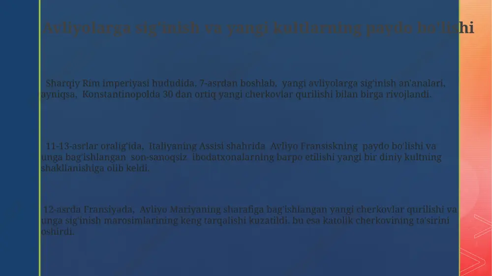 denlari mistikizmga va muqaddas hayotning shaxsiy tajribasiga urg'u berib, monastizmning yangi yo'nalishlarini yaratdilar. scholasticaning gullab-yashnashi va uning ta'siri 12-asrda parij universiteti kabi yirik markazlarda skolastika taraqqiyoti falsafa va ilohiyotning 1000 yildan ortiq rivojlanishiga ta'sir ko'rsatdi, aristotelning asarlari qayta kashf etilishi bilan birga. oksford va kembrij universitetlari kabi yangi ta'lim muassasalarining 13-14-asrlardagi paydo bo'lishi, skolastika ta'sirida g'arb dunyosida intellektual hayotning rivojlanishiga turtki bo'ldi. skolastika uslubi, tomas akvinalikning 13-asrda yozgan "summa theologica" asari kabi asarlar orqali, evropa davlatlarida cherkov ta'limotini tizimlashtirishga katta hissa qo'shdi. o'rta asr adabiyoti va san'atida xristianlikning aks etishi 14-asrda italiyaning florensiya shahrida paydo bo'lgan diniy mavzudagi freskalar, masalan, jotto di bondone asarlari, insonparvarlik tamoyillarini diniy tasvirlar bilan uyg'unlashtirib, yangi badiiy uslubni namoyon etdi. "sehrli realizm" uslubidagi 15-asr nemis miniatyuralari, taxminan 300 dan ortiq qo'lyozmalarni bezab, muqaddas matnlarning tafsilotlari va hayotiy sahnalarni jonli tasvirlash orqali diniy dunyoqarashni aks ettirdi. o'rta asr yevropasi cherkovlarining me'morchiligi, masalan, 12-asrda qurilgan shartr sobori …