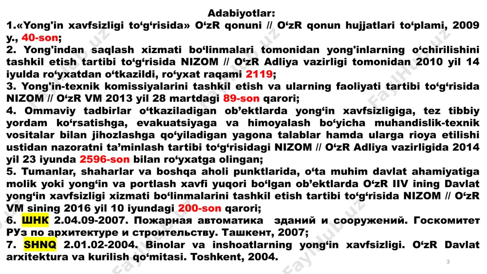 va (yoki) texnik xususiyatga ega maxsus shartlar; 6 yong'in xavfsizligi talablarining buzilishi — yong'in xavfsizligi talablarini bajarmaslik yoki lozim darajada bajarmaslik; yong'in-texnik mahsuloti — yong'in xavfsizligini ta’minlashga mo‘ljallangan maxsus texnik, ilmiy-texnik va intellektual mahsulotlar, shu jumladan yong'inni o‘chirish texnikasi va asbob-uskunalari, yong'inni o‘chirish aslaha-anjomlari, olovni o‘chirish va olovdan himoya qilish moddalari hamda materiallari, maxsus aloqa va boshqarish vositalari, elektron hujjatlar, elektron hisoblash mashinalari uchun dasturiy mahsulotlar va ma’lumotlar bazalari, shuningdek yong'inlarning oldini olish hamda ularni o‘chirishning boshqa vositalari; 7 yong'in xavfsizligini ta’minlash tizimi - yong'inlarning oldini olish hamda ularni o‘chirishga qaratilgan huquqiy, tashkiliy, iqtisodiy, ijtimoiy va ilmiy-texnik chora-tadbirlar, shuningdek kuchlar va vositalar majmuidan iborat. yong'in xavfsizligini ta’minlash tizimi sub’ektlari – davlat va xo‘jalik boshqaruvi organlari, mahalliy davlat hokimiyati organlari, fuqarolarning o‘zini o‘zi boshqarish organlari, shuningdek korxonalar, muassasalar, tashkilotlar va fuqarolardir. 8 tashkilotlarni majburiyatlari: yong'in xavfsizligi talablariga rioya qilish; yong'indan saqlash xizmati mansabdor shaxslarining qonuniy talablarini bajarish; yong'in xavfsizligi chora-tadbirlarini ishlab …