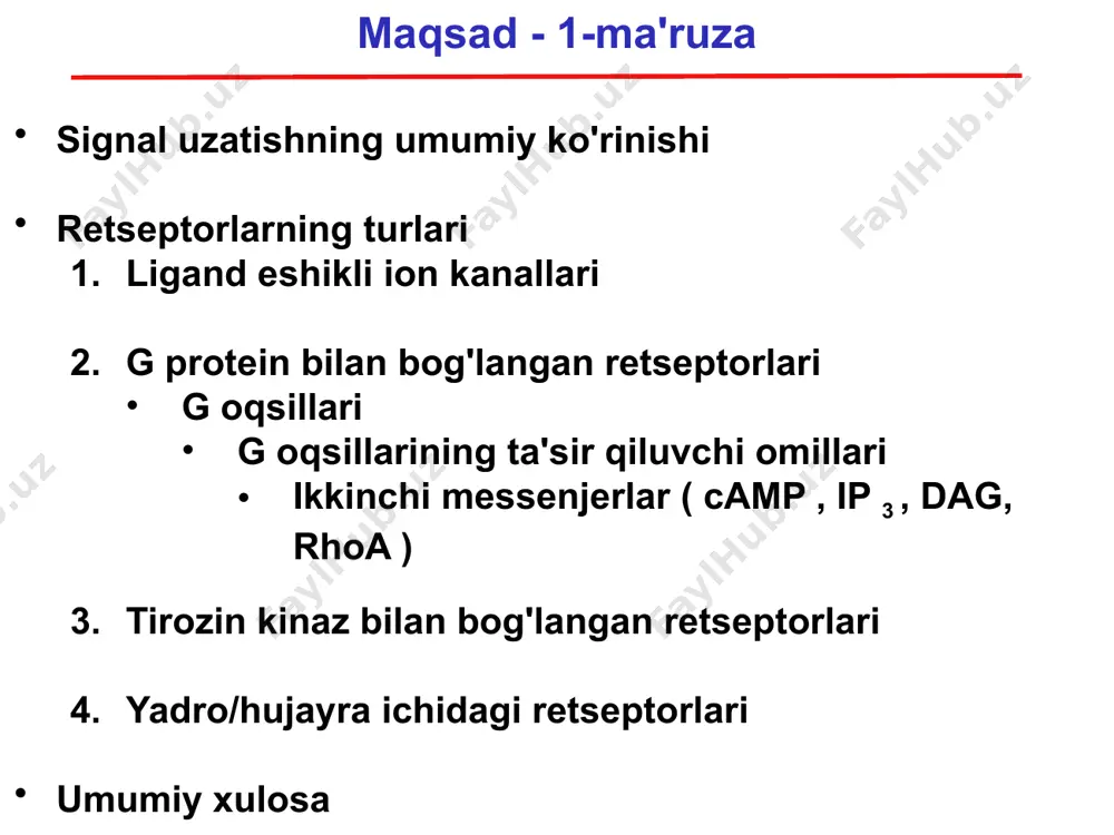 l etilgan ( “ grafs ” ): g lutamat r hodopsin a yopishib f rizzlangan s sekretin 7 ta a-spiral transmembran domenlari hujayradan tashqari domenlar ligandlar bilan o'zaro ta'sirni tartibga soladi hujayra ichidagi domenlar g oqsillari bilan o'zaro ta'sirni tartibga soladi (3 -chi tsikl) 25 g protein bilan bog'langan retseptorlari (gpcr) misollari ligand retseptor adrenalin va noradrenalin adrenoreseptorlar (a 1-2 , b 1-3 ) asetilkolin muskarin (m 1-5 ) 5-ht, serotonin 5-ht (5-ht 1a-1f , 5-ht 2a-2c , 5-ht 4 , 5ht 5a-5b , 5-ht 6 , 5-ht 7 ) gistamin gistamin (h 1-4 ) prostanoidlar (prostatsiklin, prostaglandinlar, tromboksan a2 ) ip, ep 1-4 , dp 1-2 , fp, tp adenozin adenozin (a 1 , a 2a , a 2b , a 3) * ba'zi neyrotransmitterlar ikkala gpcr va ligandli ion kanallarida ishlaydi muhim qism! yo'q qilish ligandlarning bog'lanishiga ta'sir qilmaydi, lekin signal uzatilishiga to'sqinlik qiladi g protein bilan bog'langan …