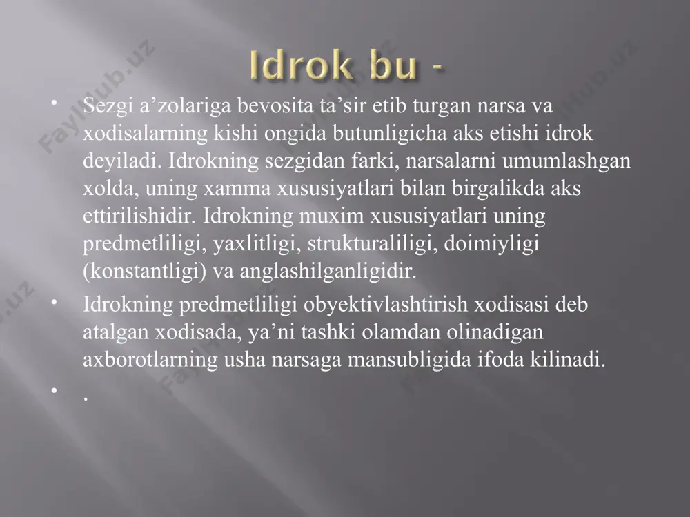 hi nimani kuzatganligi va idrok kilganligi xakida keyinchalik xisob berishi lozimligini oldindan bilsa, u kuzatish va idrok kilish jarayonida ancha faol buladi. darsda ukuvchilar bilimlarini avvalo ukituvchining ogzaki tushuntirishlarini idrok kilish orkali uzlashtiradilar. suzlar yordamida tushuntirilgan materialning idrok kilinishi kup jixatdan ukituvchi nutkining xususiyatlariga boglik. materialni muvaffkiyatli idrok kilishining yana bir muxim sharti kurgazmali kurollardan foydalanishdir. material suzlar yordamida xar kancha yaxshi tasvir etib berilmasin, u bevosita kuzatishlar urnini bosa olmaydi. 1.idrok haqida tushuncha 2.idrokning xususiyatlari 3.idrok turlari 4.idrokning rivojlanishi