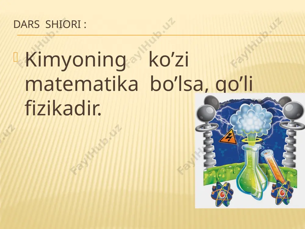 (oh) cu + 2 h2o yechim usuli (davomi) m(naoh) = 1* 1,4 * 0,1 = 0,14 g 0,14g x mol cuso4 *5 h2o + 2naoh = cu(oh) 2 + na2so4 +5 h2o 80 g 1 mol 80 g - 1 mol 0,14g - x mol x=( 0,14 *1) : 80 x= 0,00175 mol cu(oh)2 yechim usuli (davomi) 0,00175mol x g c3h5(oh)3 + cu(oh)2 = c3h5 o2(oh) cu + 2 h2o 1 mol 154 g 1 mol - 154 g 0,00175mol - x g x= (0.00175*154):1 x= 0,27 g javob : 0,27 gramm mis glitserat topshiriq masala: to’yingan 1 atomli spirt to’liq yonishi natijasida 6,72 litr karbonat angidrid va 7,2 g suv hosil bo’ldi. spirtning formulasini toping. o’quvchilarga motiviatsiya hayot - beshafqat , unda yoki boshqarib yashaysan, yoki birovlar seni boshqaradi. sen boshqaruvchi bo’lishni istasang o’z sohangni mukammal egasi bo’lishing kerak . ‘’ sen fanga boringni bermaguningcha - fan senga hech …