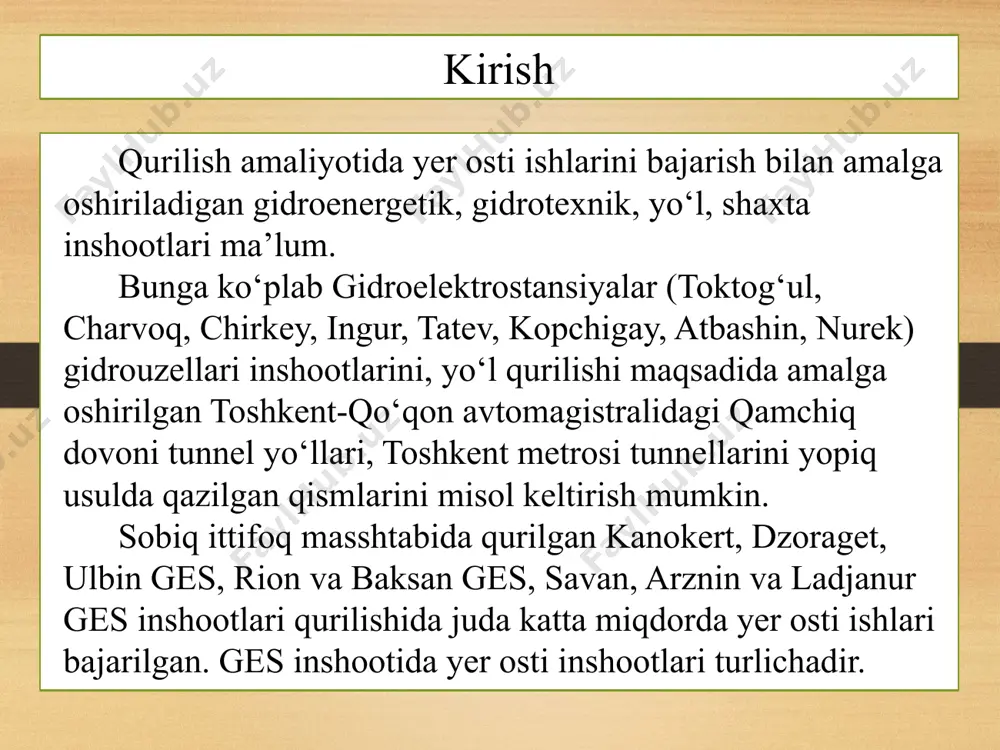 da amalga oshiriladi: vaqtincha doimiy mahkamlash (mustahkamlash) bilan qazib o‘tiladi. qazib o‘tish jarayoni kirishning butun kesimi bo‘yicha bajarilib navbatda vaqtinchalik mahkamlagichlar o‘rnatiladi. ular devorlarni va tomni (tunnel ustki qismini) qulashidan saqlaydi. tunnel ishlari tog’ usuli kuchli yoriqli qulash xavfi bor, tog‘ bosimi kuchayib boradigan, kesimi 70 m2 gacha bo‘lgan tunnellarda to‘siq-qoliplar va past markali betonni qo‘llanilib o‘tish amalga oshiriladi (1-rasm). muvaqqat mustahkamlash kam markali betonni o‘tilgan joyga kirish o‘lchamida qolip seksiyasi o‘lchamida (4-5 m) quyiladi. qolip sirg‘anadigan va arkasimon tuzilishga ega bo‘ladi. qolipning tashqi yuzasi qalinligi 5-8 mm. li metall list bilan qoplanadi. qolip yopiladigan oyna, teshik bilan yasalgan bo‘ladi, oyna (teshik) orqali beton qorishmasi uzatiladi. tunnel ishlari tog’ usuli tunnel ishlari tog’ usuli bu metodda tunnel uzunligi bo‘yicha tik yoki ma’lum qiyalikda qaziladi (shtolnya), so‘ng o‘sha shtolnyalar yordamida asosiy kesim qaziladi. yon supalar tunnel kengligi 20 metrdan katta bo‘lgan holatlarda quriladi, aks holda o‘rta (markaziy) qazilma qaziladi so‘ng yon …