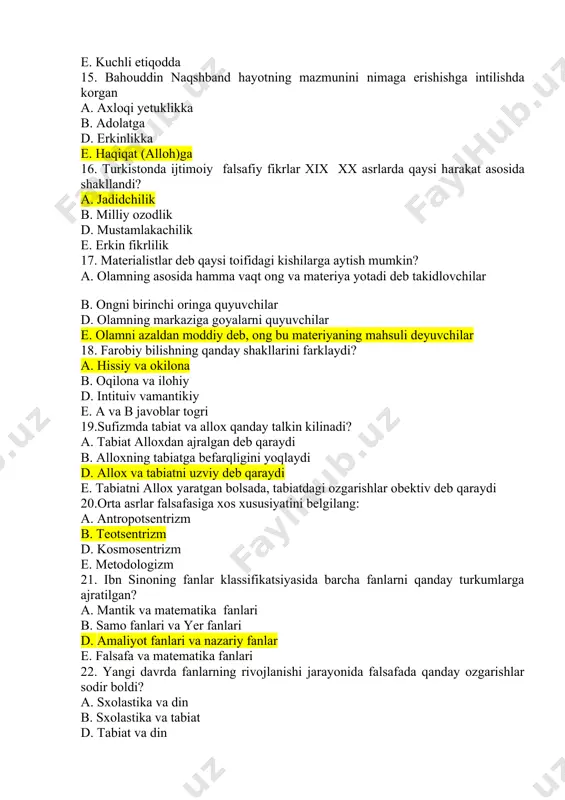 da fanlarning rivojlanishi jarayonida falsafada qanday o�zgarishlar sodir bo�ldi? a. sxolastika va din b. sxolastika va tabiat d. tabiat va din e. falsafada ajralishlar bo�lmadi 23. ijtimoiy fanlarda tabiiy huquq nazariyasi angliyada kim tomonidan ishlab chiqildi? a. g.grotsiy b. g.leybnits d. r.dekart e. t.gobbs 24.yangi davr falsafasida faylasuflarni qiziqtirgan asosiy masala nima edi? a. substansiya va uning xossalari b. borlik masalasi d. inson masalasi e. makon va zamon 25. pozitivizmning asoschisi kim? a. r.karnap b. g.spenser d. o.kont e. f.nitsshe 26. strukturalizm so�zining lug�aviy ma�nosi ? a. tuzilish, joylashish, tartib b. tartib, birikish d. qo�shilish,birikish e. izohlash, tushuntirish, bilish 27.qaysi falsafiy ta�limot soxta bilimdan xakikiy bilimni ajratishga xarakat kiluvchi ijobiy bilimning falsafiy doktrinasini ilgari surdi ? a. pragmatizm b. ekzistensializm d. pozitivizm e. fenomenologiya 28.sxolastlar pifagor va aristotel g’oyalariga tayanib, uch o�lchovlikni qanday tushuntirganlar ? a. tabiat kuchlarini o�ziga xos xususiyati b. dunyoning mukammaligi nuqtai-nazaridan d. g’oyalar yordamida e. din …
