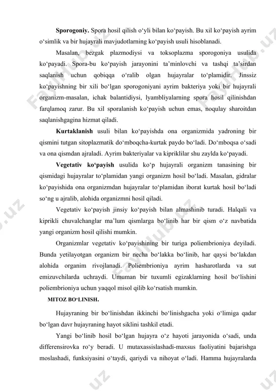 hujayraning bir bо‘linishdan ikkinchi bо‘linishgacha yoki о‘limiga qadar bо‘lgan davr hujayraning hayot siklini tashkil etadi. yangi bо‘linib hosil bо‘lgan hujayra о‘z hayoti jarayonida о‘sadi, unda differensirovka rо‘y beradi. u mutaxassislashadi-maxsus faoliyatini bajarishga moslashadi, funksiyasini о‘taydi, qariydi va nihoyat о‘ladi. hamma hujayralarda ham yuqoridagi hayot jarayonining barcha bosqichlari rо‘y bermaydi. shunday hujayralar guruhi mavjudki, u hujayralar muntazam ravishda bо‘linib turish xususiyatiga ega. bu hujayralarning ketma-ket bо‘linib turishi, bunday hujayralarning hayot siklini hujayralarning bо‘linish hamda bо‘linishiga tayyorlanish davrlariga-mitotik siklga teng qilib qо‘yadi. shu hujayraning mitotik bо‘linish uchun tayyorlanishi ikki bо‘linish oralig‘i, ya’ni interfaza deb ataladi. har bir hujayradagi interfaza 3 davrni о‘z ichiga oladi: 1.bо‘linishdan keyingi (postmitotik), ya’ni sintezdan oldingi (prisintetik)-birinchi о‘sish g 1 2. dnk sintezi rо‘y beradigan davr s. 3. sintezdan keyingi (postsintetik) yoki mitozdan oldingi (primitotik)-ikkinchi о‘sish g2 davri. interfaza yakunida, odatda hujayrada mitotik bо‘linish rо‘y beradi. hujayraning bо‘linishga tayyorlanishi va bо‘linishining mitotik sikli hisoblanadi. demak, ayrim hujayralarda hayot …