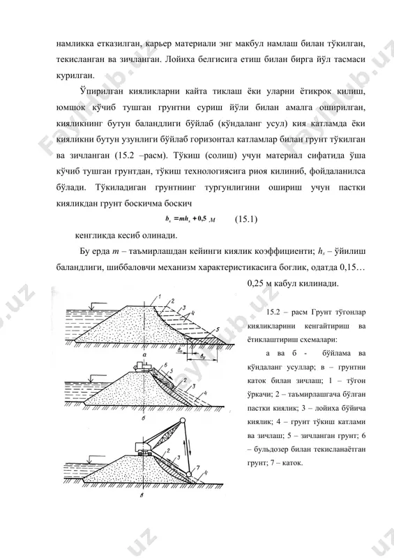 стида таъмирлашда, понтонлардан иборат, кўзгатгич, ўлчов воситалари ва тошни кияликга тушириш курилмасига эга сузувчи платформа йигилади. рейка – футшток ёрдамида чукурлик ўлчанади ва бузулиш зонаси хажми аникланади, у олдиндан таъмирланадиган участкачаларга бўлиб чикилади. ундан сўнг ишни бажаришга киришилади. таъмирлаш учун материаллар баржалар ёрдамида олиб келинади. тўкиш калинлиги тошнинг хисобий диаметрини камида 2,5…3 мартасига тенг кабул килинади ва уларни ёткизилиши платформадан пастга вертикал тушириладиган рейка-футшток ёрдамида назорат килиб борилади. тош сувга туби очиладиган шаландалардан, ўзи туширадиган баржалардан, киргокга ўрнатилган ёки сузувчи кранлардан фойдаланиб, ўзи тўкадиган контейнерлардан, киргокдан бульдозер билан суриб тушириб ёки автосамосваллар ёрдамида ва бошка восита хамда усуллардан фойдаланиб тўкилади. тошни тўкиш усули техник-иктисодий мулохозалар ва техник имкониятдан келиб чикиб танланади. юкори кияликларни гидротехник зич, курук асфальбетон ёткизиш йўли билан таъмирлаш хали республикамиз амалиётида кўлланилмаган, лекин бу усул кўп чет мамлакатларда кенг микёсда кўлланилади, у кияликга иссик холда ёткизилади ва зичланади (15.4 – расм). бузулган кияликка асфальтбетонли коплама ёткизилишидан олдин, …
