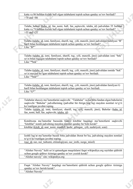 i? filetype:pdf bironta harf yoki so‘zdan boshlangan ma’lumotlarni google qidiruv tizimidan qidirish uchun qanday qidirish usuli qo‘llaniladi? al* navoiyning asarlari wikipediyaning asosiy xususiyati ko‘rsatilgan javobni toping? har qanday internet foydalanuvchisi unda maqolalarni yaratishi va tahrir qilishi mumkin blogger kim? xabar va materiallarni to‘plash, tahlil qilish, tahrirlash, tayyorlash va tarqatish bilan shug‘ullanuvchi hamda ularni axborotdan foydalanuvchilar tomonidan, shu jumladan, muhokama qilish uchun internet jahon tarmog‘idagi o‘z web saytiga yoki web sayt sahifasiga joylashtiruvchi jismoniy shaxs internetning qaysi xizmati web sahifalarga tashriflarni amalga oshiradi? www “axborotlashtirish to‘g‘risida”gi qonun qachon qabul qilingan? 11.12.2003-yil .net domeni qanday faoliyat sohasiga taalluqli? tarmoq tashkilotlari «uz-cert» nima? kompyutеr insidеntlariga zudlik bilan javob bеrish xizmati 1 dyum qanchaga teng? 2,54 sm 123 so‘m, 567 so‘mga o‘xshash ma’lumotlar qaysi maydonda saqlanadi? pulli 2005-yil 22-noyabrdagi 256-sonli hukumat qaroriga muvofiq shakllantirilgan “davlat organlari axborot tizimlarini va axborot rеsurslarini davlat ro‘yxatidan o‘tkazish tizimi”ning wеb-sahifasi manzilini ko‘rsating www.reestr.uz abzasni belgilashning eng sodda usulini …
