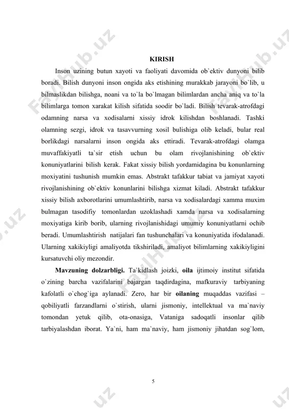evosita roli alohida tadqiqot doirasida o`zbekiston sharoitida o`rganilmagan. bu masala amaliy ahamiyatga molik bo`lib, “...inson o`z umri davomida oladigan barcha informatsiyaning 70 foizini 5 yoshgacha bo`lgan davrda olar ekan”.2 demak, shu informatsiyalar orasida bolaning o`z “men”ini to`g`ri shakllantiradigan va shu orqali uni ijtimoiy psixologik munosabatlarga ruhan tayyorlaydigan ma`lumotlarning manbai va ta`sir kuchini o`rganish yosh ota-onalar va oilashunoslar uchun o`ta dolzarb ahamiyat kasb etadi. tadqiqotning ishining maqsadi: maktabgacha yoshdagi bolaning o`zini- o`zi anglashi mazmuniga ta`sir ko`rsatuvchi oilaviy munosabatlar, xususan,ota-ona va farzandalar munosabatidagi ijtimoiy psixologik ta`sirlarva er bilan xotin o`rtasidagi hamda ota-ona bilan bola o`rtasidagi munosabatlarning o`zaro bog`liqligini tadqiq qilish. tadqiqotning vazifalari: 1. maktabgacha yoshdagi bolalarda o`zini-o`zi anglashining psixologik xususiyatlari va “men” konsepsiyasining shakllanganlik darajasini aniqlash uchun nazariy manbaalar bilan ishlash, ilmiy adabiyotlar taxlili.. 2. maktabgacha yoshdagi bolalarda o`zini-o`zi anglashiga taalluqli bo`lgan asosiy psixologik komponentlarni vam ularga ta`sir etuvchi ijtimoiy psixologik omillarning xususiyatlarini aniqlash. 3. oiladagi munosabatlarning sub`ektlari sifatidagi ota-onaning o`zlikni anglash …