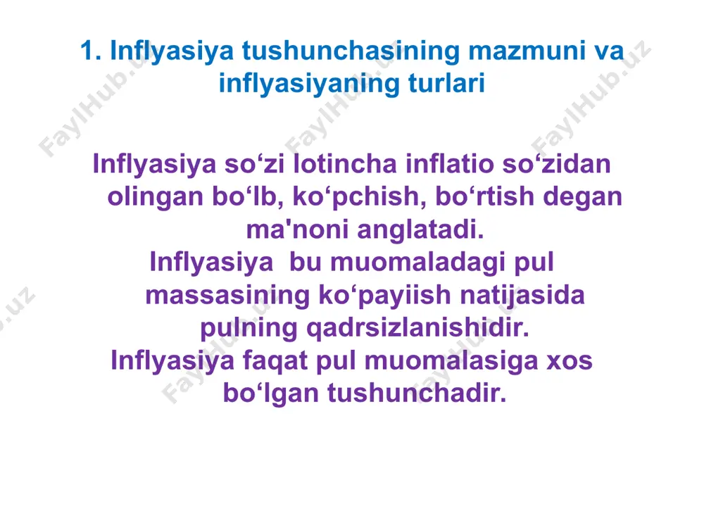 ada, tovarlarni import qiluvchi mamlakatning milliy daromadining bir qismi eksport qiluvchi mamlakatning foydasiga qayta taqsimlanadi. 1985 yilda aqsh va yaponiya o‘rtasida yuzaga kelgan savdo urushining asosiy sabablaridan biri inflyasiya darajalari o‘rtasidagi farq edi. chunki, o‘sha davrda inflyasiya darajasi aqshda yaponiyaga nisbatan baland edi. shunda yaponiya 19 mlrd. dollar miqdoridagi tovarlarni aqshdan import qilishdan bosh tortgan edi. inflyasiyaning turlari 11. import qilinadigan inflyasiya bunda inflyasiya tovarlarning bahosi tarkibida tovarlarni eksport qiluvchi mamlakatdan ularni import qiluvchi mamlakatga kirib keladi. 12. yashirin inflyasiya inflyasiyaning ushbu turi ayrim iste'mol tovarlarining baholari davlat tomonidan tartibga solinadigan mamlakatlarda yuz beradi. bunda baholari davlat tomonidan tartibga solinadigan tovarlarning bozordagi baholarini oshishi kuzatiladi. inflyasiyaning ijtimoiy va iqtisodiy oqibatlari inflyasiyaning ijtimoiy oqibatlari: *aholining turmush darajasi pasayadi *aholi daromad darajasiga ko‘ra tabaqalashib ketadi *aholining bankdagi jamg‘armalari qadrsizlanadi *ishsizlik darajasi oshadi. inflyasiyaning ijtimoiy va iqtisodiy oqibatlari inflyasiyaning iqtisodiy oqibatlari: * yalpi ichki mahsulotning o‘sishi sekinlashadi *korxonalarning moliyaviy barqarorligi va raqobatbardoshligi pasayadi …