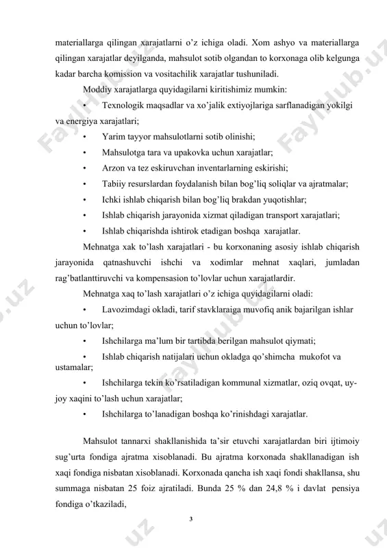 i tartibga solib turishda xamda davlat pensiya fondini shakllantirishda foydalaniladi. ish xaqi fondi ishchilarga mehnat xaqi to’lash uchun shakllansada, lekin unga qo’shimcha tarzda korxonaning o’zi bu fondga nisbatan ijtimoiy sug’urta fondiga ajratma to’lashga majburdir. shuning uchun amaliyotda korxonalar ishchilarga ish xaqi xisoblashda albatta bu ajratmani xam xisobga oladi. mahsulot ishlab chiqarish tannarxiga kiruvchi boshqa xarajatlar. bu xarajatlarga korxona mulkini majburiy sug’urta kilish, belgilangan tartibdagi safar xarajatlari, kadrlar tayyorlash bo’yicha xarajatlar, aloqa xizmatlari uchun to’lovlar, brak tufayli kelib chiqadigan yo’qotishlar, yong’indan saqlash va qo’riqlash xarajatlari, ijara xarajatlari va boshqa barcha ishlab chiqarish bilan bog’liq bo’lgan xarajatlar. milliy iqtisodiyotdagi ishlab chiqarish birliklari (korxona) o’z faoliyati natijalaridan ko’prok daromad olishga xarakat qiladi. h,ar qanday korxona nafaqat o’zining tovarini ancha yukori baholarda sotishga, balki mahsulot ishlab chiqarish va uni sotishga kilinadigan sarf- xarajatlarni kamaytirishga xam intiladi. tovarlarni sotish baholari asosan korxona faoliyatiga bog’liq bo’lmagan tashqi sharoitlar bilan belgilansa, ishlab chiqarish sarf- xarajatlari korxonaning ishlab …