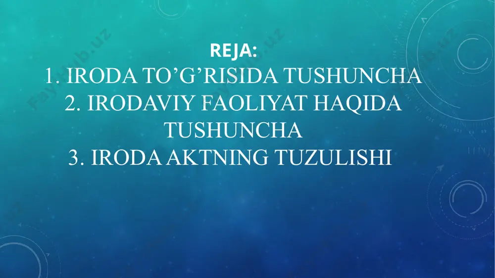 ilan tanishish, kasallik tarixi varaqasiga kiritilgan shifokor ko’rsatmalarini qarab chiqish, bemor shikoyatlarini tinglash ixtiyoriy idrokka misol bo’ladi. insonning favquloddagi vaziyatda yuzaga keladigan sarosimalik affekti, dahshat, hayajonlanish, ajablanish, shubhalanish va shunga o’xshash boshqa mohiyatli, har xil shakldagi xatti-harakatlari ixtiyorsiz turkumdagilarga yorqin misoldir. undagi atamalaming ma’nosi, aks etish imkoniyati bundan oldingi hissiyot to’g’risidagi ma’lumotlarda keng bayon qilingan. boshqa kategoriyaga taalluqli harakatlar ixtiyoriy harakatlar deb nomlanib, ular maqsadni ko’zlash, maqsadni aniqlash va uni amalga oshirishni ta’minlovchi operatsiyalar, usul va vositalami shaxs o’z miyasida tasavvur qilish iiamda samaradorligmi taxminan baholashni taqozo etadi. shaxsning irodaviy faoliyati o’z oldiga qo’ygan anglangan maqsadlarni bajarishdan, amalga oshirishdan iborat sodda shakldagi harakatlaming majmuasidan iborat emas. zo’r berishni taqozo etmaydigan ish harakati (masalan, shkafdan choynak olish, sochiqni qoziqqa ilish va hokazolar) bilan irodaviy faoliyat tarkiblari o’rtasida keskin farq bor. [+|||| \irodaviy faohyat o’ziga xos xususiyatga ega bo’lib, uning mohiyati shundan iboratki, bunda shaxs o’z oldiga qo'ygan va unga muhim ahamiyat …