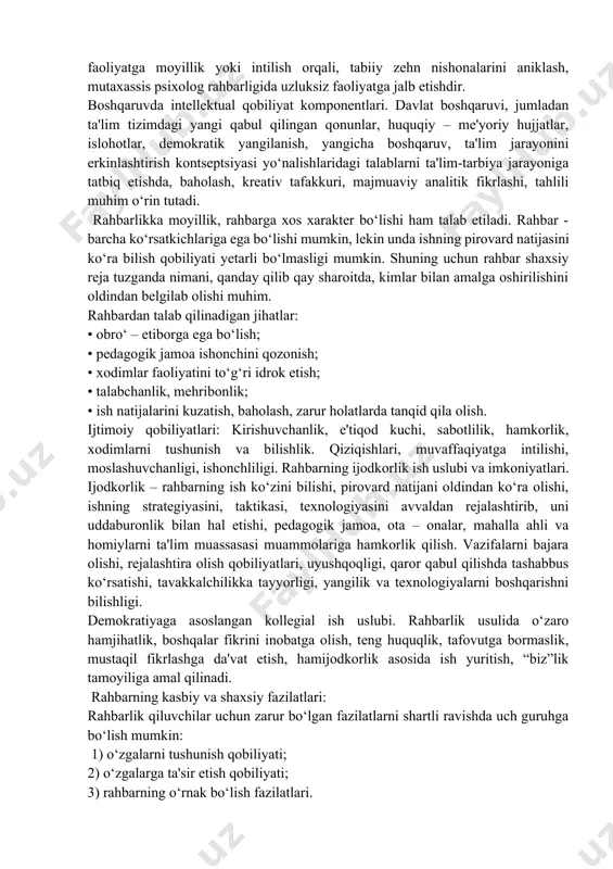 ning psixologik va fiziologik tuzilishining xususiyati sanaladi. qobiliyat ko‘nikma, malakadan farq qiladi. aksariyat ilmiy manbalarda mohirlik bilan qobiliyat aynanlashtiriladi. qobiliyat inson tomonidan ko‘nikma va malakalarning egallanishi jarayonida takomillashib boradi. qobiliyat turi. har qanday qobiliyat turi shaxsga tegishli murakkab psixologik tushunchadan tashkil topgan bo‘lib, u faoliyatning talablariga mutanosib xususiyatlar tizimini o‘z ichiga oladi. shuning uchun qobiliyat deganda birorta xususiyatning o‘zini emas, balki shaxs faoliyatining talablariga javob bera oladigan va shu faoliyatda yuqori ko‘rsatkichlarga erishishni ta'minlashga imkoniyat beradigan xususiyatlar sintezini tushunmoq lozim. qobiliyatning tayanch xususiyatlari. barcha qobiliyat uchun tayanch xususiyat — kuzatuvchanlikda, ya'ni insonni fahmlash, ob'ektdan u yoki bu alomatlarni ko‘ra bilish, ajrata olish ko‘nikmasidir. qobiliyatning yetakchi xususiyatlaridan biri — narsa va hodisalar mohiyatini ijodiy tasavvur qilishdir. u shaxsning shakllanishi va rivojlanishi natijasi bo‘lishi bilan birga, tabiiy manbaga ham ega. qobiliyatning tabiiy manbaalari. bu tabiiy manba ko‘pincha zehn tushunchasi bilan yuritiladi. zehn muayyan bir faoliyatga yoki ko‘pgina narsalarga nisbatan ortiqcha qiziquvchanlikda, moyillikda, …