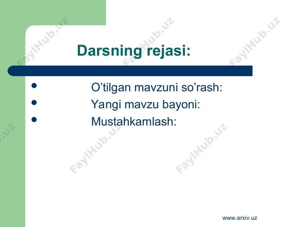 uz t/r o’tgan zamon hozirgi zamon kelasi zamon 1 yozdi o’qiyapti ketmoqchi 2 bordi chizmoqda yugurmoqchi 3 keldi tortmoqda kelmoqchi www.arxiv.uz kel esga olaylik!!! fe’l … so’z turkumi. fe’lda … nisbat bor. fe’lda … zamon bor. fe’l tuzilishiga ko’ra …bo’linadi. fe’llar gapda asosan … vazivasida, bundan tashqari … vazifasida keladi. www.arxiv.uz www.arxiv.uz quyida berilganlardan fe’llarni top?! keldi,o’qidi,olmoqchi kitob,daftar,non qizil,chiroyli,shirin www.arxiv.uz www.arxiv.uz o’yla,izla,top!!! www.arxiv.uz 1 f 3.i l 2. s e l 6.t a , m 5. n 7. s l $$$$$$$$ 4. n o 8.s o n m www.arxiv.uz savollar: vertikaliga 1.so’z turkumi. 2.tovush,un.3.bilim.4.nom.5.aziz ne’mat. gorizontaliga 1.eng katta jonivor.2.tabiiy ofat. 4.old qo’shimcha.6.maza.7.nota.8.raqam. www.arxiv.uz www.arxiv.uz e’tiboringiz uchun rahmat! muvaffaqiyatga uch narsa kafil:yaxshi niyat qil,ishon va intil!!! www.arxiv.uz www.arxiv.uz