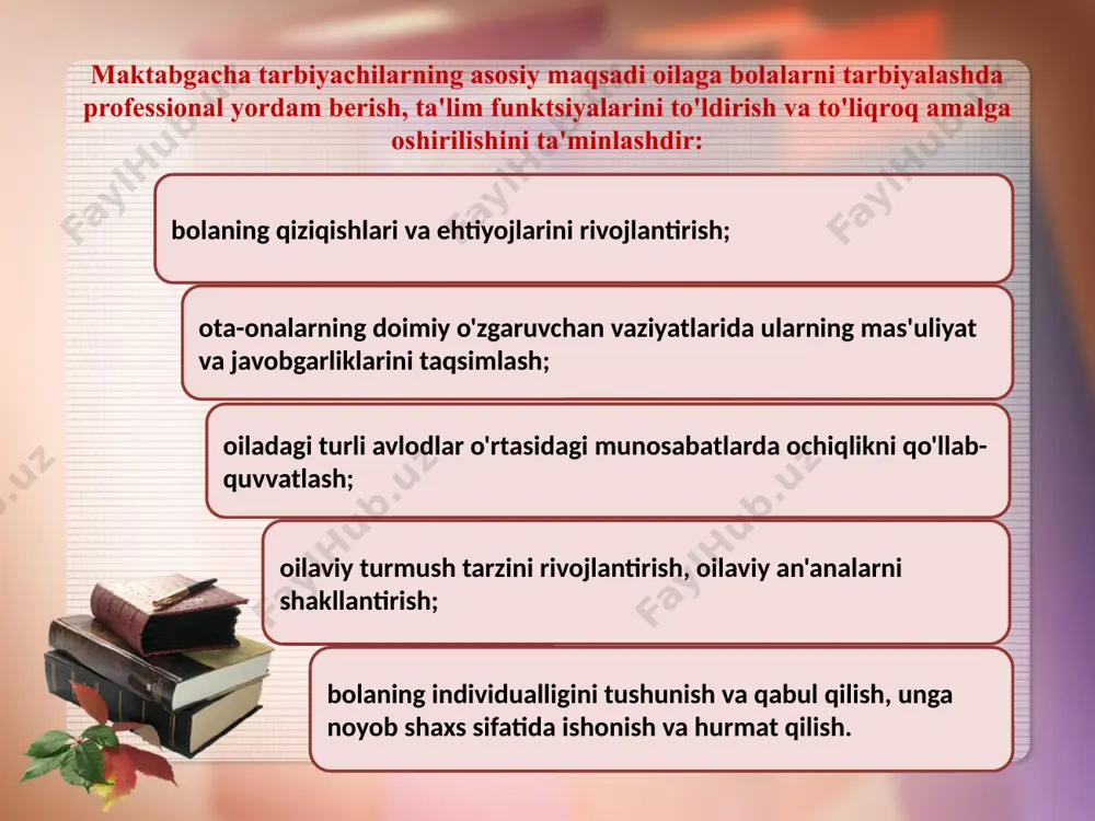 bukletlar tayyorlanadi. muloqot norasmiy, do'stona bo'lishi kerak. uchrashuvdagi ota – onalar muammoni muhokama qilishda faol ishtirokchilar va sheriklardir. ota-onalar bajarishi kerak bo'lgan qoidalarni aytib, o'qituvchining monologi emas, balki dialog mamnuniyat bilan qabul qilinadi ota-onalarni bolalarning stuliga, pedagoglar va ma'muriyatni oddiy stulga o`tqizish mumkin emas. muloqot bir xil darajada amalga oshirilishi kerak. ota-onalar uchun seminarlar va maslahatlar seminar va maslahatlashuvning maqsadi ota-onalarning bolani tarbiyalash va o'qitish masalalari bo'yicha pedagogik savodxonligini oshirishdir konsultatsiya va seminarlar muayyan masalaga qiziqqan bir guruh ota-onalar uchun yoki yakka tartibda o'tkazilishi mumkin rejalashtirilgan konsultatsiyalar bolalar bog'chasida muntazam ravishda amalga oshiriladi: yiliga 3-4 konsultatsiya. konsultatsiya davomiyligi 30-40 minut rejadan tashqari ko'pincha o'qituvchilar va ota-onalar o'rtasidagi aloqa paytida ikkala tomonning tashabbusi bilan paydo bo'ladi konsultatsiyalar rejalashtirilgan va rejasiz, individual va guruhli bo'lishi mumkin. ota-onalar bilan konferentsiya ota-onalar bilan konferentsiya tibbiyot hodimlari tuman ta'lim xodimlari to`garak rahbarlari ota-onalar pedagoglar defektolog psixologlar bu ota-onalarning pedagogik madaniyatini oshirish shakllaridan biridir ko`gazmali materiallar …