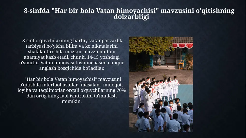 nida interfaol usullar, jumladan, 10 ta turli o'yinlar va 5 ta loyiha orqali "vatan himoyachisi" mavzusini chuqurroq o'rganishni ta'minlash nazarda tutilgan. tarixiy faktlar va voqealarga tayanish 8-sinf o'quvchilariga "vatan himoyachisi har bir boladir" mavzusini o'rgatishda 1941-1945 yillardagi buyuk vatan urushi davridagi bolalar jasorati haqida 2-3 ta konkret misol keltirish, ularning hissa-ulushini ta'kidlash muhimdir. o'quvchilarni faol ishtirok etishga undash maqsadida, 5-7 kishidan iborat guruhlarga bo'lib, mustaqil izlanishlar o'tkazish, 19-asr oxiri va 20-asr boshlarida yurtimizni himoya qilgan qahramonlar haqida ma'lumot to'plashni tashkil etish zarur. o'qituvchining roli va vazifalari 8-sinf o'quvchilarining yosh xususiyatlarini hisobga olgan holda, vatan himoyachisi tushunchasini turli ko'rinishlarda (tarixiy shaxslar, zamonaviy qahramonlar, badiiy asarlar orqali) tushuntirishi zarur. dars jarayonida o'qituvchi o'quvchilarning 5-7 ta fikrlarini umumlashtirib, vatan himoyasining zamonaviy talqini haqida xulosa chiqarishga yo'naltirishi lozim. axborot-kommunikatsiya texnologiyalarini qo'llash "zoom" yoki "google meet" kabi onlayn platformadan foydalanib, masofaviy ta'limda 5-7 kishilik guruhlarda munozaralar tashkil qilish, mavzu bo'yicha mustaqil fikrlash va o'z nuqtai …