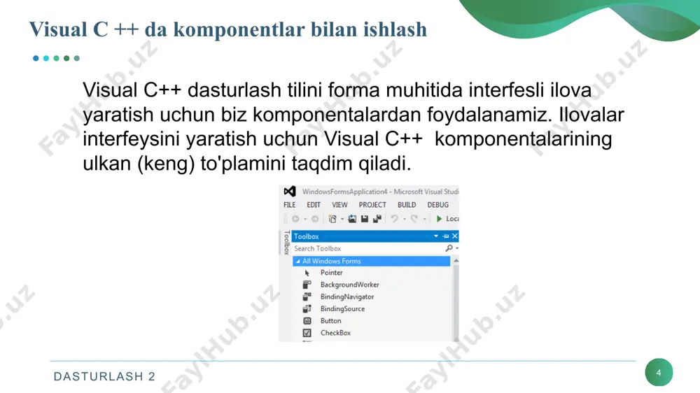 tiladi. ushbu xususiyatdan foydalanib, tugmachaning chegarasini o'rnatish, shuningdek dasturni ishga tushirish paytida tugmachaning holatini kuzatish mumkin. agar biz ushbu xususiyatni bir necha xususiyat ostilarga kengaytirsak (xususiyat nomini ikki marta bosganda: o'rnatilishi mumkin bo'lgan xususiyatlar osti paydo bo'ladi), ularning har biriga xohlagan o'zgarishni kiritish mumkin bo'ladi. tugmacha chegarasi rangini tanlash mumkin (bordercolor xossasi maydonini bosilsa, rang tanlash mumkin bo'lgan oyna paydo bo'ladi), sichqoncha kursori olib borilganda tugmachaning rangi o'zgaradigan rangni tanlash mumkin. agar tugma bosilsa, bu tugma maydoni rangi o'zgaradi dasturlash 2 flatappearance xususiyati ishlashi 16 tugma uslublari ko'rinishi dasturlash 2 button xususiyatlari (properties) 17 flatstyle — tugma uslubini o'rnatadi. uslub xususiyat maydoniga sichqonchani bosganda paydo bo'ladigan ro'yxatdan tanlanadi. image — tugma maydoniga mos keladigan rasmni tanlashga imkon beradigan xususiyatdir. imagealign — bu xususiyatdan foydalanib, tugmachadagi rasm tekislanadi: xususiyat maydonida to'rtburchaklar qatoridan tashkil topgan tekislash sxemasini ochadigan tugma mavjud. qaysi to'rtburchakni tanlasak, rasm tanlangan tugma maydoniga o'tadi. dasturlash 2 button hodisalari …