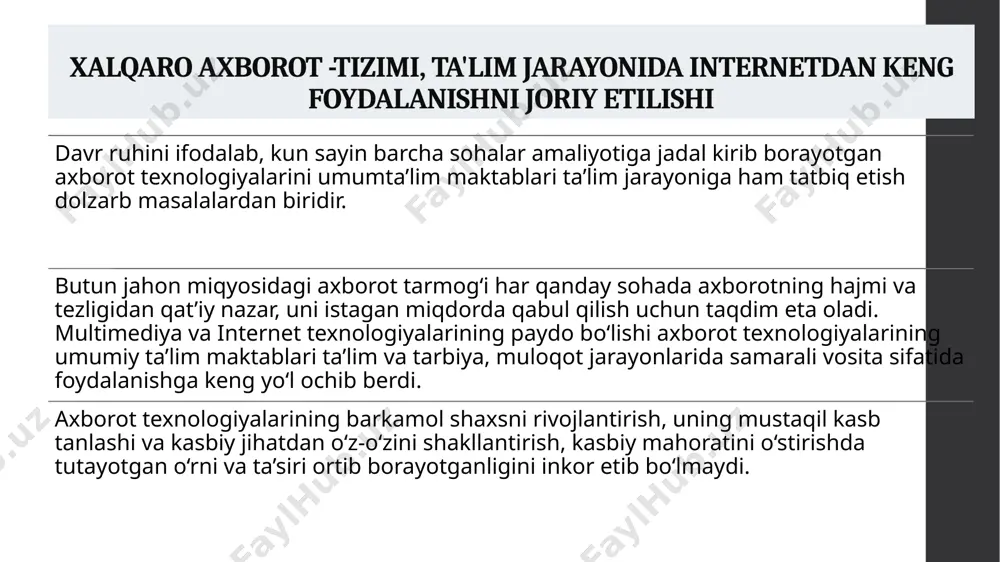 o‘quvchi shaxsining butun imkoniyatlarini amalga oshirishga: kompyuter vositalari orqali bolaning bilishga oid, axloqiy, ijodiy, muloqot qilish va estetikaviy imkoniyatlarini, qobiliyatlarini ro‘yobga chiqarishga intilish lozim. kompyuter va axborot texnologiyalarini o‘quvchi shaxsini rivojlantirishning to‘laqonli vositasiga aylantirish uchun o‘qituvchining o‘zi axborot texnologiyalari sohasida bilimdon (salohiyatli) bo‘lishi kerak. jahon pedagogikasi amaliyotida qator olimlar, jumladan, m. v. bulanova toporkova va boshqalar o‘qituvchining axborot texnologiyalari sohasidagi bilimdonligini quyidagi sifatlar bilan baholaydilar: 1) zamonaviy axborot muhitida faoliyat tajribasini baholash va integratsiyalashga qodirlik; 2) shaxsiy ijodiy sifatlarini rivojlantirishga intilish; 3) umumiy komunikativ (o‘zaro muloqot qilish) madaniyatining yuqori darajada bo‘lishi; 4) axborot vositasida o‘zaro birlashib xatti-harakatlarni bajarish masalasida nazariy tushunchalarning va uni tashkillashtirish tajribasining bo‘lishi; 5) o‘zini refleksiyalash (o‘z ruhiy holatini tahlil qilish) ehtiyojining bo‘lishi; 6) axborotni qabul qilish, tanlash, saqlash, qayta tiklash, taqdim etish usullarini, uni o‘zgartirish, uzatish va integratsiyalash madaniyatini o‘zlashtirish. pedagog-olim v. k. selevko esa o‘qituvchining kompyuter savodxonligini kompyuterli texnologiya mazmunining muhim qismi deb hisoblaydi va …