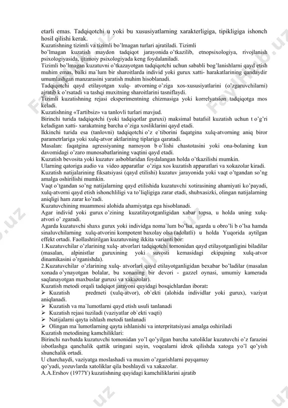 an muomalasi mumkin emas-ku, degan savol tug`iladi. psixologik tekshirishning tasnifiy metodlarini tushuntirishda boshqacha yondashuvlar bor, lekin psixologik tekshirish empirik metod va psixologik metodlar orasida umuman, amalda “teng” belgisi qo’yiladi, ularning o’ziga xos jihatlarini aniqlash qiyinlashadi. psixologiyada boshqa fanlar analogiyasi bilan uchta metodlar tasnifini ko’rsatish maqsadga muvofiqdir: 1. empirik, tekshirish sub`ekti va ob`ektining tashqi real munosabatlari amalga oshiriladi; 2. nazariy, sub`ekt ob`ektning hayotiy modeli bilan o’zaro munosabatda bo’ladi; 3. sharhlash va tasvirlash, bunda sub`ekt «tashqaridan» ob`ektning simvolik – belgisi bilan munosabatda bo’ladi. birinchi guruh metodlarini ishlatishning natijasi ma`lumotlar hisoblanadi, ob`ekt sharoitini asboblar yordamida o’rganadi. nazariy metodlardan foydalanish natijasi tabiiy til belgisi yoki ochiq sxematik shakldagi predmet haqidagi bilim hisoblanadi. nihoyat, qayta ishlash – tushuntirish metodi – bu nazariy va eksperimental metodlarni qo’llashda, ularni o’zaro munosabati natijalarining “uchrashish joyi”dir. psixologik tekshirishning nazariy metodlarini sanab o’tamiz: 1) deduktiv – umumiydan xususiyga o’tish. natijasi – nazariya, qonun va boshqalar. 2) induktiv – omillarni umumlashtirish, …