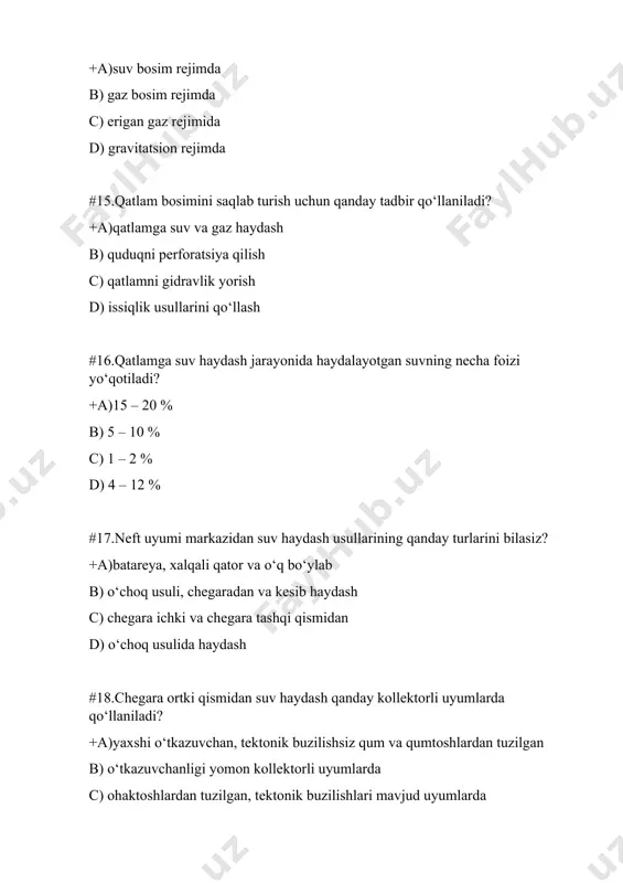 ftli eritma yordamida d) burg‘ilash eritmasi yordamida #33.qanday quduq gidrodinamik mukammal hisoblanadi? +a)ochiq tubli quduq b) ochilish darajasi yetarli bo‘lmasa c) ochilish xarakteri aniq bo‘lmasa d) quduq devori mustahkam- lanmagan bo‘lsa #34.quduq ichi jixoziga nimalar kiradi? +a)quduq bo’yi va quduq tubi jixozlari b) quduq tubi jixozlari c) quduqqa tushirilgan nkq d) quvur boshchasi va favvora archasi #35.tizma boshchasining vazifasi nimadan iborat? +a)quduqlar oralig‘ini mustahkamlayda, quvur boshchasi va favvora archasini ushlab turadi b) favvora quvurini ushlab turish c) quduqni yopish, favvora qudug‘ini ushlab turish d) mustahkamlayda, quvur boshchasi va favvora archasini ushlab turadi #36.quduq usti jihozlari nimaga bog‘liq? +a)quduqning ishlash usuliga bog‘liq b) quduq diametriga c) quduq chuqurligiga d) quduqning konsruksiyasiga #37.paker qanday maqsadda qo‘llaniladi? +a)quduqdagi mutahkamlovchi va ishlatish quvurlarining oralig‘ini zichlash uchun b) gaz (neft) quduqlarida belgilangan miqdorini oshib ketishini oldini olish uchun c) ajratuvchi, sozlash to‘sgichlari va tiqinlarni birlashtirish uchun d) quvurlar ichki va tashqi qismlarida aylanma harakatlarni vujudga …