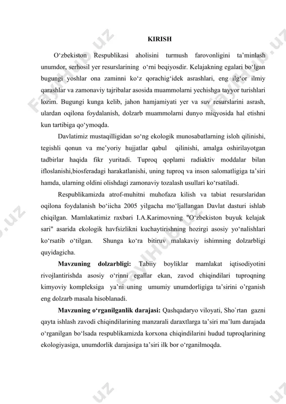 og‘i olingan. - tadqiqotning predmetlari bо‘lib, sho`rtan gazni qayta ishlash zavodining asosiy kimyoviy chiqindisi hisoblangan oltingugurt birikmalari, atrofidagi tuproqlarga ta’sirini o’rganishga xizmat qiladi. tadqiqotga qо‘llanilgan metodlar va uning metodologik asosi: agrofizik tadqiqotlar. tuproqning granulometrik (mexanik) tarkibi n.a. kachinskiy usulida aniqlandi. tuproq qattiq qismining solishtirma massasi piknometr usulida aniqlandi. tuproqning hajmiy massasi pо‘lat silindr yordamida aniqlandi. tuproqning umumiy g‘ovakligi solishtirma va hajmiy massa kо‘rsatkichlari natijalariga kо‘ra foiz hisobida aniqlandi. tuproq namligi absolyut quruq tuproq massasiga nisbatan foiz hisobida termostatda quritish usulida aniqlandi. agrokimyoviy tadqiqotlar: tuproqdagi sulfat. sо‘rimdagi sulfat kislotani benzidin xlorid eritmasi bilan chо‘ktirish usulida aniqlandi. metodologik asosi: о‘zbekiston respublikasi “tabiatni muhofaza qilish” qonunlari.“atrof-muhitni muhofaza qilish”, “ekologik ekspertiza tо‘g‘risida”gi qonuni, prezident i.a.karimovning yer resurslaridan foydalanish va uning meliorativ holati, yerlarning tanazzuli va shо‘rlanishiga yо‘naltirilgan nutqlari, unda bayon etilgan fikrlari, tadqiqot muammosiga oid ilmiy-metodik adabiyotlarga tayanilgan. ilmiy yangiligi va amaliy ahamiyati: texnogen modda sifatida ajralib chiqadigan zavod chiqindilari –vodorod sulfid hamda sulfat …