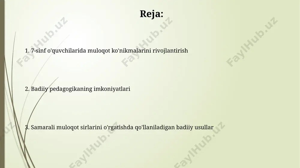 oqotga erishish mumkin. 7-sinf o'quvchilari 3-4 kishilik guruhlarda turli rollarni (masalan, tinglovchi, hikoyachi, sharhlovchi) bajarib, o'zaro muloqot ko'nikmalarini amalda sinab ko'rishlari mumkin. bahs va munozaralar orqali muloqot madaniyatini shakllantirish bahs va munozaralar orqali o‘quvchilarning 3 ta asosiy fikrni aniq va mantiqiy ifoda etish ko‘nikmalari rivojlanadi, bu esa samarali muloqotning muhim tarkibiy qismidir. muloqot madaniyatini shakllantirishda, 20 minutlik bahs-munozaradan so‘ng, o‘quvchilarning o‘zaro hurmat va konstruktiv tanqid ko‘nikmalarini baholash muhim ahamiyatga ega. 7-sinf o'quvchilarining xususiyatlari va badiiy pedagogika abstrakt tushunchalarni (masalan, empatiya, nonverbal aloqa) 7-sinf oʻquvchilariga badiiy vositalar orqali (rasm chizish, musiqa ijro etish) tushuntirish samaradorligi 40% ga yuqori. 7-sinf oʻquvchilari, 12-13 yosh atrofida boʻlib, oʻz-oʻzini ifoda etishga, ijodkorlikka moyil boʻlishadi, shuning uchun badiiy pedagogika ularning faol ishtirokini taʼminlaydi. rolli o'yinlar va dramatizatsiya orqali muloqotni o'rgatish dramatizatsiya vositasida 5 ta asosiy muloqot uslubini (faol tinglash, empatiya, aniq ifodalanish, tanqidni qabul qilish, konstruktiv muloqot) namoyish etish orqali o'quvchilar amaliy ko'nikmalarni rivojlantiradilar. rolli o'yinlar …