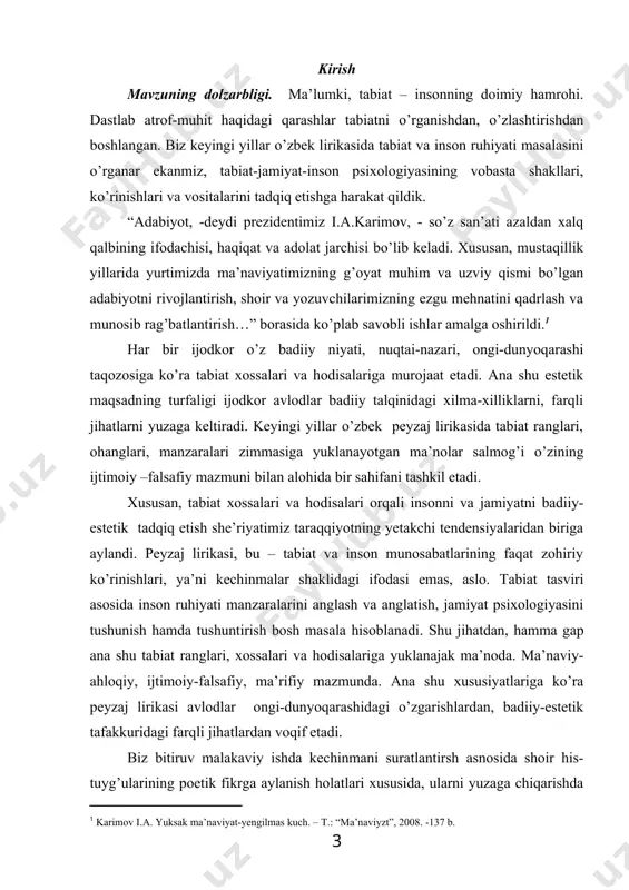 ahloqiy mazmunga ega bo’lgan she’rlarning yaxlit badiiy-estetik hodisa sifatida o’rganish mazkur kichik tadqiqotimizning dolzarbligini asoslaydi. mavzuning o’rganilganlik darajasi. adabiyotshunoslik ilmida peyzaj lirikasi xususida ko’plab tadqiqot ishlari amalga oshirilgan. o’zbek adabiyotshunosligida ustoz o.sharafiddinov, n.karimov, b.nazarov, n.rahimjonov, b.akramovlar lirikaning u yoki bu masalasiga bag’ishlangan chiqishlarida peyzaj tasvir, tabiat obrazlari xususida alohida to’xtalib o’tishgan. adabiyotshunoslar i.haqqulov, n.jumayev tadqiqotlarida esa bu masala mumtoz lirika materiallari asosida tahlil etilgan. alisher navoiy, ogahiy va munis lirikasida peyzajning falsafiy-estetik o’rni va rolini ko’rsatuvchi nozik va holis kuzatishlarini e’lon qilganlar. masalani o’rganishda alohida tadqiqot olib borgan a.erkinov, m.sultonova, m.farmonova, n.yo’ldoshevlarning nomzodlik dissertatsiyalari asosida chop ettirgan risolalarini alohida ya’kidlash zarur. m.sultonova “peyzaj san’ati” kitobida oybekning “navoiy”, o.yoqubovning “ulug’bek xazinasi”, p.qodirivning “yulduzli tunlar” tarixiy romanlarini tekshirishlariga asos qilib oladi. peyzaj tarixiy kolorit va muhitni inkishof etishda ham zarur badiiy vosita ekanligi tadqiqotning mag’zini tashkil etadi. m.farmonova esa o’tgan asrning 80-yillarida o’zbek lirikasida tabiat va inson konsepsiyasi masalasini obrazlar olami, ekologik …