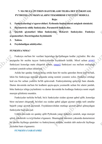 python dasturlash tilida def funksiyasi. python da funksiyalarni tekshirish unittest moduli — DOCX
