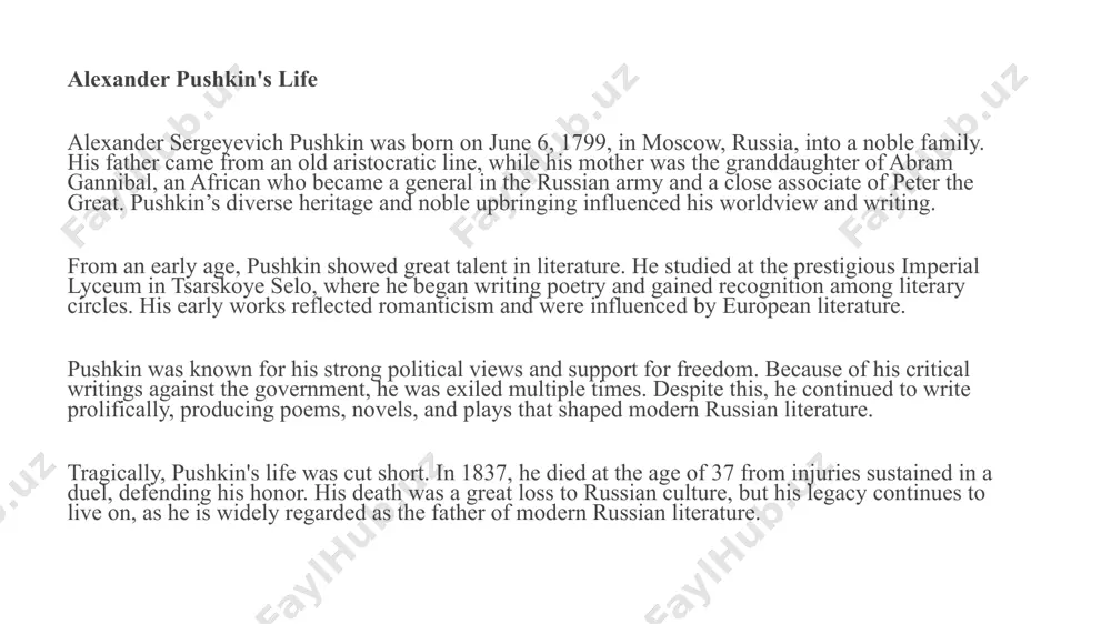 he decembrists—russian revolutionaries—and expressed sympathy for their cause in his poetry. poems like the prophet and ode to liberty reflect his belief in the power of the poet as a visionary and his hope for justice and national renewal. 3. artistic style, language, and poetic rhythm pushkin revolutionized russian poetry by creating a new poetic language that was clear, expressive, and accessible. he skillfully blended classical elegance with emotional depth. his use of meter and rhyme was innovative, especially in *eugene onegin conclusion alexander pushkin is widely regarded as the father of modern russian literature. his life, though short, was full of creativity, passion, and resilience. from his noble roots and early education to his tragic death in a duel, pushkin's personal story reflects the romantic spirit of his time. throughout his literary career, he evolved from a young romantic poet to a mature writer who mastered various genres, including …