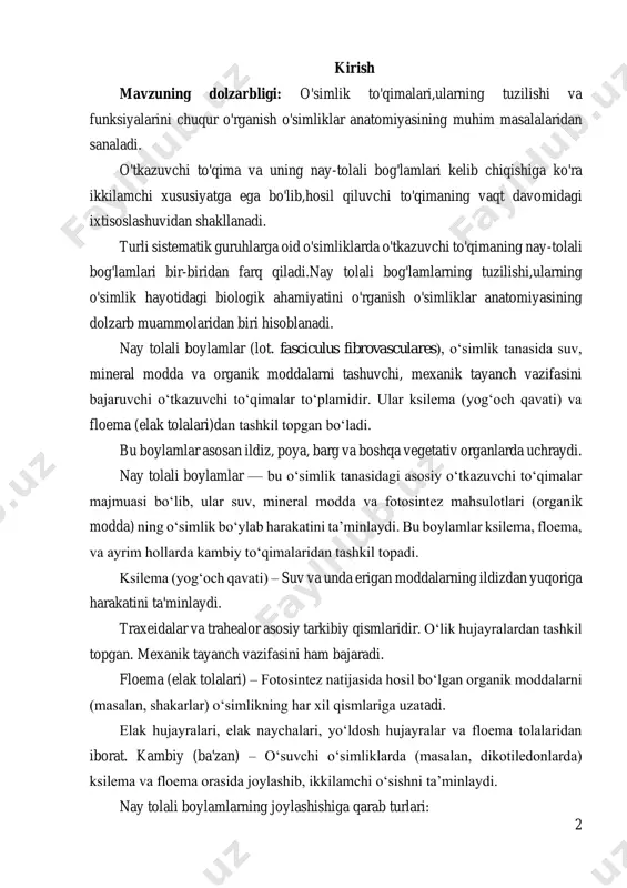 padi. ksilema (yog‘och qavati) – suv va unda erigan moddalarning ildizdan yuqoriga harakatini ta'minlaydi. traxeidalar va trahealor asosiy tarkibiy qismlaridir. o‘lik hujayralardan tashkil topgan. mexanik tayanch vazifasini ham bajaradi. floema (elak tolalari) – fotosintez natijasida hosil bo‘lgan organik moddalarni (masalan, shakarlar) o‘simlikning har xil qismlariga uzatadi. elak hujayralari, elak naychalari, yo‘ldosh hujayralar va floema tolalaridan iborat. kambiy (ba'zan) – o‘suvchi o‘simliklarda (masalan, dikotiledonlarda) ksilema va floema orasida joylashib, ikkilamchi o‘sishni ta’minlaydi. nay tolali boylamlarning joylashishiga qarab turlari: 3 kolateral boylam ksilema ichki, floema tashqi tomonda. dala o‘simliklari poyasi va barglarida uchraydi. ikkiga bo‘linadi: ochiq kolateral – kambiy bor. ikkilamchi o‘sish mumkin. yopiq kolateral – kambiy yo‘q. masalan, bir urug‘pallali o‘simliklarda. bikolateral boylam ksilema ikkala tomonida floema joylashgan. masalan: qovoq, pomidor. amfivazal (konxentrik) ksilema floemani o‘rab oladi. mavzuning maqsadi: nay tolali boylamlarning o‘simlik organizmidagi tuzilishi, turlari va ularning fiziologik ahamiyatini chuqur o‘rganishdir. nay tolali boylamlar o‘simlikning asosiy o‘tkazuvchi tizimini tashkil etadi …
