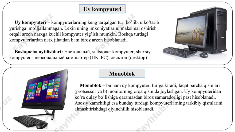 niversal kompyuter kuchli kompyuter (игравой) oddiy kompyuter (ofis ishlari uchun) ofis kompyuteri bajarishi talab etiladigan vazifalar kimlar uchun mo’ljallangan microsoft office dasturida ishlash (word, excel, powerpoint va b.) katta qismdagi kompyuter foydalanuvchilari: o’quvchilar, o’qituvchilar, ishchilar, talabalar va boshqa kompyuterdan katta vazifalarni bajarilishini talab qilmaydigan insonlar. elektron hujjatlar (pdf, djvu, epub va b.) bilan ishlash internet (elektron pochta, telegram va b.) bilan ishlash media uchun (rasm, video, audio va b.) yengil o’yinlar o’ynash oddiy kompyuter (ofis ishlari uchun) oddiy kompyuter (ofis ishlari uchun) ofis kompyuteri uchun zarur bo’lgan texnik xarakteristikalar protsessor intel celeron, intel pentium/ amd athlon, amd sempron operativ xotira 2-4 gb (keyinchalik oshirish mumkin, agar protsessor ko’tarsa) doimiy xotira farqi yo’q (ehtiyojdan kelib chiqib, 126-512 gb). tezroq ishlashi uchun ssd hdd dan yaxshi, lekin ssd qimmat. videokarta videokarta bo’lishi muhim emas, ona platada joylashgan videokarta yetarli o’rtacha narxi 2-3 mln. so’m atrofida (bu narx vaqt o’tishi bilan yoki texnik …