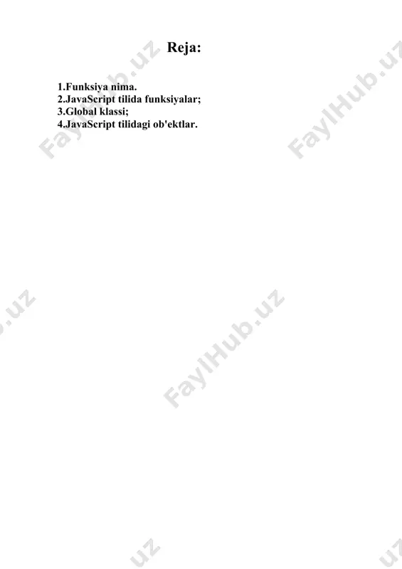 yntax 'function expression' deb ham ataladi. va 'fullname' ni funksiya nomi deb ham qarasak bo'ladi. endi esa, function expression o'zi nega kerak, oddiy funksiya ishlatish yaxshi emasmi degan savol keladi. function expression, bizda funksiya variable da bo'lganligi uchun uni boshqa funksiyaga parameter qilib ishlata olamiz. misol: 1-qadam 2ta function expression yozib olamiz. 1chisi 2ta raqamni qo`shish uchun, 2chisi 2ta raqamni bir biridan ayirish uchun. ikkala funksiya ham natija qiymatni qaytarishi kerak (return) 2-qadam funksiyaga diqqat bilan e'tibor bering, bu yerda 'calculate' funksiyasi oddiy funksiya ko'rinishida, lekin 'func' funksiyasini parameter sifatida qabul qilmoqda. 'return' da esa 'func(a, b)' qismida, parameter dagi 'func' funksiyasi ishga tushmoqda. endi esa quyidagi code da, bizda 2ta function expression, 'calculatesum' va 'calculatedifference' variable lari mavjud; quyidagi kodda 'calculate' funksiyasi 3ta parameter (add funksiyasi, 6 va 4 raqamlari bilan) bilan ishga tushmoqda. funksiyaning natijasi esa 10 bo'ladi. quyida esa 'calculate' funksiyasi 'substract' funksiyasini, 6 va 4 raqamlarini …