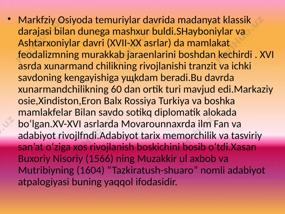 u said qabriga qo‘yilgan). xulas bu davirning ko‘pgina betakror madaniyat soxalari o‘z sirplarini mukammal saqlab kelmoqda. markaziy osiyoda xonliklar o‘rtasidagi nizolar bo‘lib tursada ma’lum darajada dexqonchilik, savdo sotiq xunarmadchilik davom topdi. fan adabiyoti sanatining rivojlanishi ko‘proq saroy miqyosida bo‘lib, xam diniy, xam dunyoviy asarlar yozildi. muxammad yoqubning “gulshanu mulk” muxammad mir olimning “tarixi amir nasurullox”, mulla ibaydullo mulla muxammad sharifning “tarixi amir xaydar” kabi asarlari diqatga sazovor bo‘ldi. qo‘qon adabiy muxiti ko‘plab shoir va shoiralar ijodi bilan boyidi. qo‘qon xoni umarzxon “amiriy” taxalusi bilan o‘zbek tilida g‘azallar yozdi. rafiqasi moxlaroim “nodira” taxalusi bilan fors tojik tilida “maknuna”, “komila” taxaluslari bilan g‘azal yozgan. eri umarxonning vafotidan so‘ng nodira davlat ishdari bilan shug‘ullandi,mamlakat xo‘jaligini yaxo‘ilash,madaniy xayotni jonlantirish buyicha muxim tadbirlarni amalgaga oshirdi.u o‘z atrofida uvaysiy, maxzuna kabi kobilyatli ijodkorlarni to‘pladi. mushtiqiy buxoro amiri abduaxon saroiga “malikushshuvaro” unvoniga ega bo‘lgan bo‘lsa, fazliy namangoniy qo‘qon shoirlariga boshchilik qilgan, umarxonning topshirig‘i bilan fazrxon va mushrix …