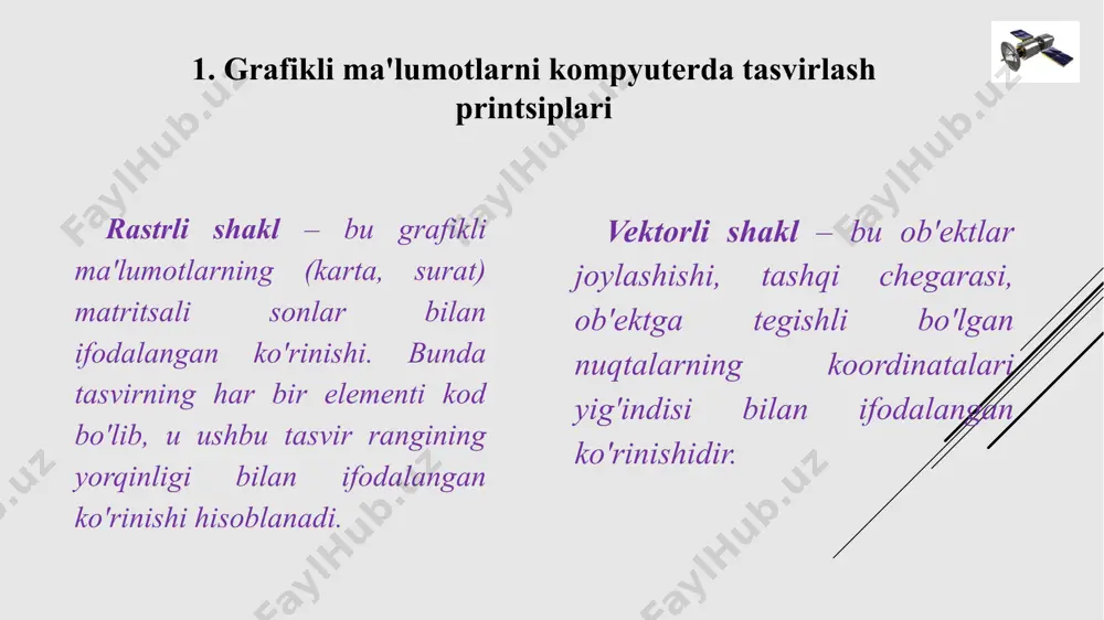 motlarni siqib tasvirlash imkoniyatiga ham ega. fayllarda tasvirlardan tashqari qo'shimcha ma'lumotlarni ham saqlasa bo'ladi. fayllarda ushbu afzallik – uning asosiy kamchiligi ham bo'lishi mumkin, chunki ba'zi dasturlar qo'shimcha ma'lumotlarni o'qiy olmasligi va natijada tasvir hosil qilinmasligi bir necha maratoba aniqlangan. yuqorida nomlari keltirilgan formatlardan tashqari manbalarni siqib tasvirlaydigan, ularni internet da tasvirlaydigan, kompyuter tarmoqlari orqali uzatish mumkin bo'lgan gif (ingl. - grafits inderchange format) formati mavjud. bu formatning asosiy afzalliklari – uning rasmni shaffof tasvirlashi, animatsiyalarni saqlashi va h.k. uning asosiy kamchiligi esa tasvirlarning ranglar turlarini kam farqlashi va aerosuratlarni bu formatda saqlash mumkin emasligidir. agar tasvirni uzoq vaqt saqlash zarur bo'lsa jpeg (ingl. - joint picture explort group) formatidan foydalaniladi. bu formatda tasvirning sifati ancha past ifodalansada, ammo hozircha jpeg formatidan zamonaviy kompyuterlarda tasvirni qayta ishlashda keng qo'llanilmoqda. kompyuter grafikasi va dizayn sohalari haqida gap ketganda ko'pincha rastrli surat yoki vektorli surat degan so'zlarga duch kelamiz. bitta suratning rastrli …