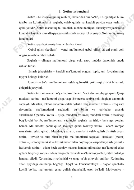 gan bilimlar, tajribalar, ko‘nikmalar va hissiyotlarni saqlaydi.operativ xotira qisqa muddatli xotira va uzoq muddatli xotira o‘rtasidagi bog‘lovchi bo‘lib, o‘rganilgan ma’lumotni vaqtincha saqlash va ishlov berish jarayonida ishlaydi. masalan, biror muammoni yechishda yoki mantiqiy fikrlashda operativ xotira faoliyat ko‘rsatadi. ma’lumotni qabul qilish shakliga qarab xotira turlari:tasviriy xotira odamning ko‘rgan narsalarini eslab qolish qobiliyatidir. bu turdagi xotira rasm, rang, shakl va joylarni eslab qolish uchun zarur bo‘ladi. masalan, yuzlarni tanish yoki yo‘llarni eslab qolish.eshitish orqali xotira odamning tovushlar, so‘zlar yoki musiqa kabi eshitish ma’lumotlarini eslab qolish qobiliyatidir. masalan, musiqaning melodiysini yoki o‘qilgan matnni eslab qolish.harakatli xotira jismoniy harakatlar va ko‘nikmalarni eslab qolish jarayonidir. bu turdagi xotira yozish, velosiped haydash yoki pianino chalish kabi ko‘nikmalarni eslab qolish uchun ishlatiladi.xotira jarayonining faollik darajasiga qaradi.ixtiyorsiz xotira – bu odamning maqsadsiz ravishda olingan ma’lumotlarni eslab qolishidir. bunda, shaxs maxsus o‘rganish yoki yodlashga harakat qilmagan bo‘lsa ham, ba’zi ma’lumotlar ongida saqlanib qoladi. misol uchun, tasodifan biror filmning …
