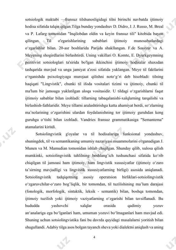usiyatlarini tushuntirishdan iborat. 1. sotsiolingvistika fanining nazariy asoslarini hamda o‘zbek tilining ijtimoiy funksiyalari va jamiyat bilan aloqadorligini o‘rganish. 2. o‘zbek tilini o‘qitishda sotsiolingvistik yondashuvning ahamiyatini aniqlash va til o‘rgatish jarayonida ijtimoiy-madaniy omillar ta’sirini tahlil qilish. 3. ta’lim jarayonida kommunikativ kompetensiyani rivojlantirish uchun sotsiolingvistik tamoyillar asosida samarali metodik yondashuvlar ishlab chiqish. 4. ilmiy adabiyotlar, amaliy tajriba va kuzatuvlarga tayangan holda xulosalar chiqarish kurs ishining obyekti: o‘zbek tilini o‘qitish jarayoni va bu jarayonda tilning jamiyat bilan o‘zaro aloqasi, ya’ni sotsiolingvistik munosabatlar tizimi kurs ishining obyekti hisoblanadi. kurs ishining predmeti: o‘zbek tilini o‘qitishda sotsiolingvistik omillarning ta’lim mazmuniga, dars metodikasiga va o‘quvchilarning tilni o‘zlashtirish darajasiga ko‘rsatadigan ta’siri kurs ishining predmetini tashkil etadi. kurs ishining tuzilishi: kirish, 2 bob, 4 paragraf, xulosa va foydalanilgan adabiyotlar iborat. i bob. sotsiolingvistika va uning o‘rganish obyekti va vazifalari 1.1. sotsiolingvistika. sotsiolingvistik tadqiqotlarga bo‘lgan zarurat. o‘zbek tilini sotsiolingvistik aspektda o‘rganish muammolari bugungi kunda fan sohalari orasidagi chegara ancha nisbiy …